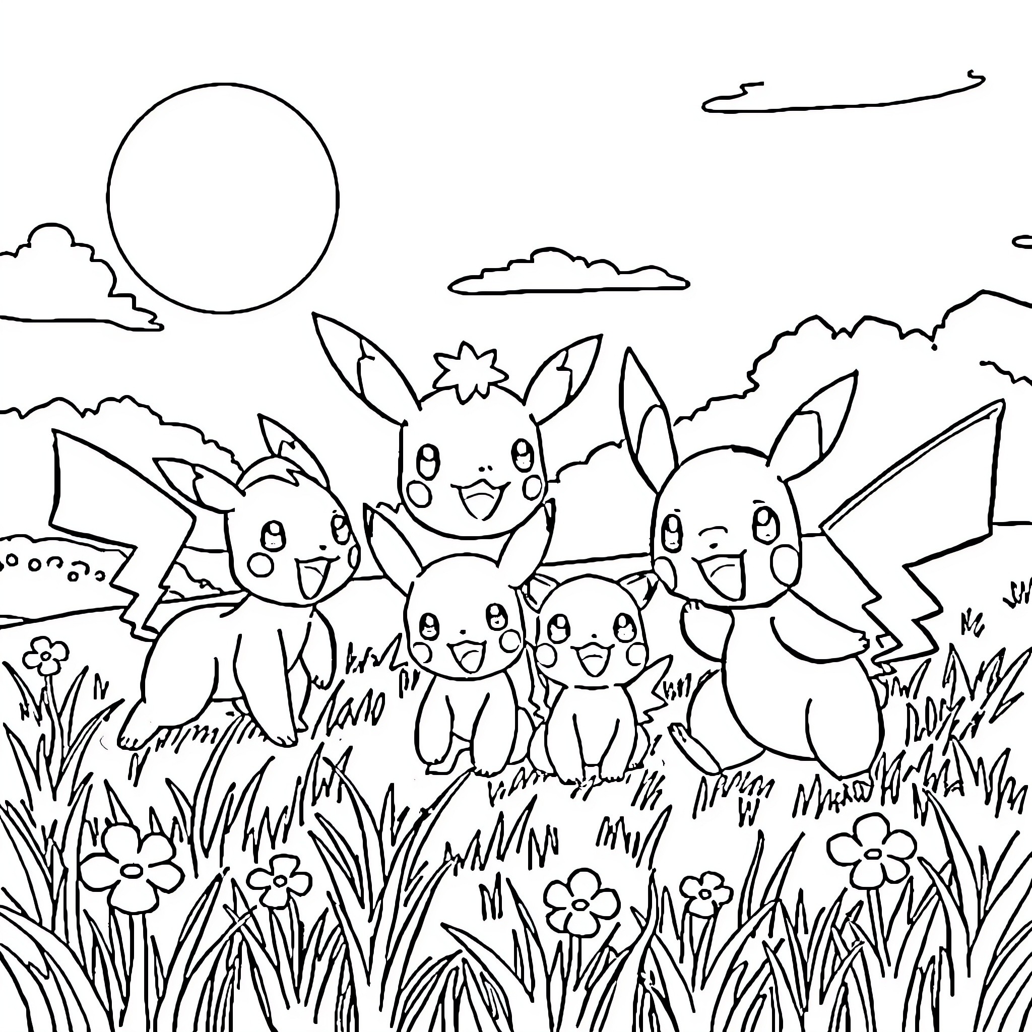 Pokémon enjoying a sunny day outdoors Coloring Page (free black-and-white line drawing printable PDF for all, from beginners to advanced learners, including children, teens, adults, and seniors)