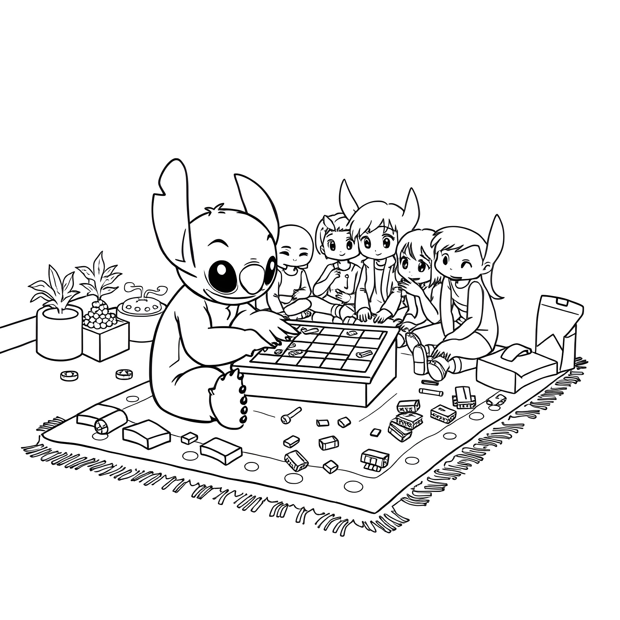 Stitch and friends playing board games together Coloring Page (free black-and-white line drawing printable PDF for all, from beginners to advanced learners, including children, teens, adults, and seniors)