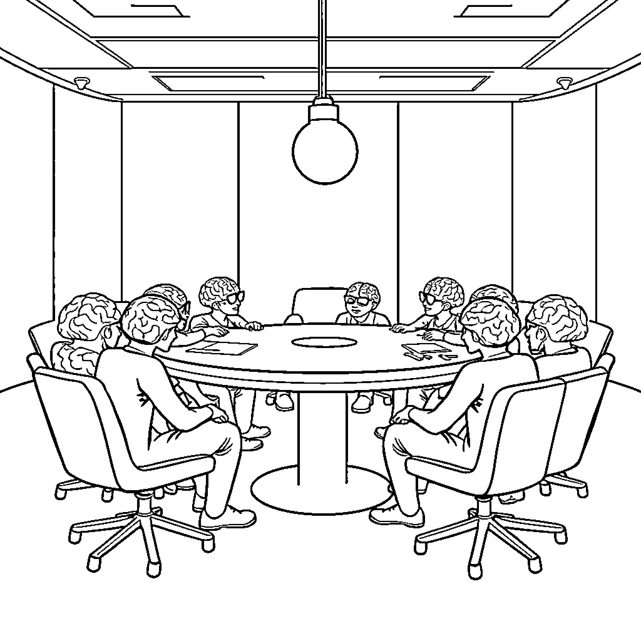 Brain Team Meeting in Conference Room Coloring Page (free black-and-white line drawing printable PDF for all, from beginners to advanced learners, including children, teens, adults, and seniors)