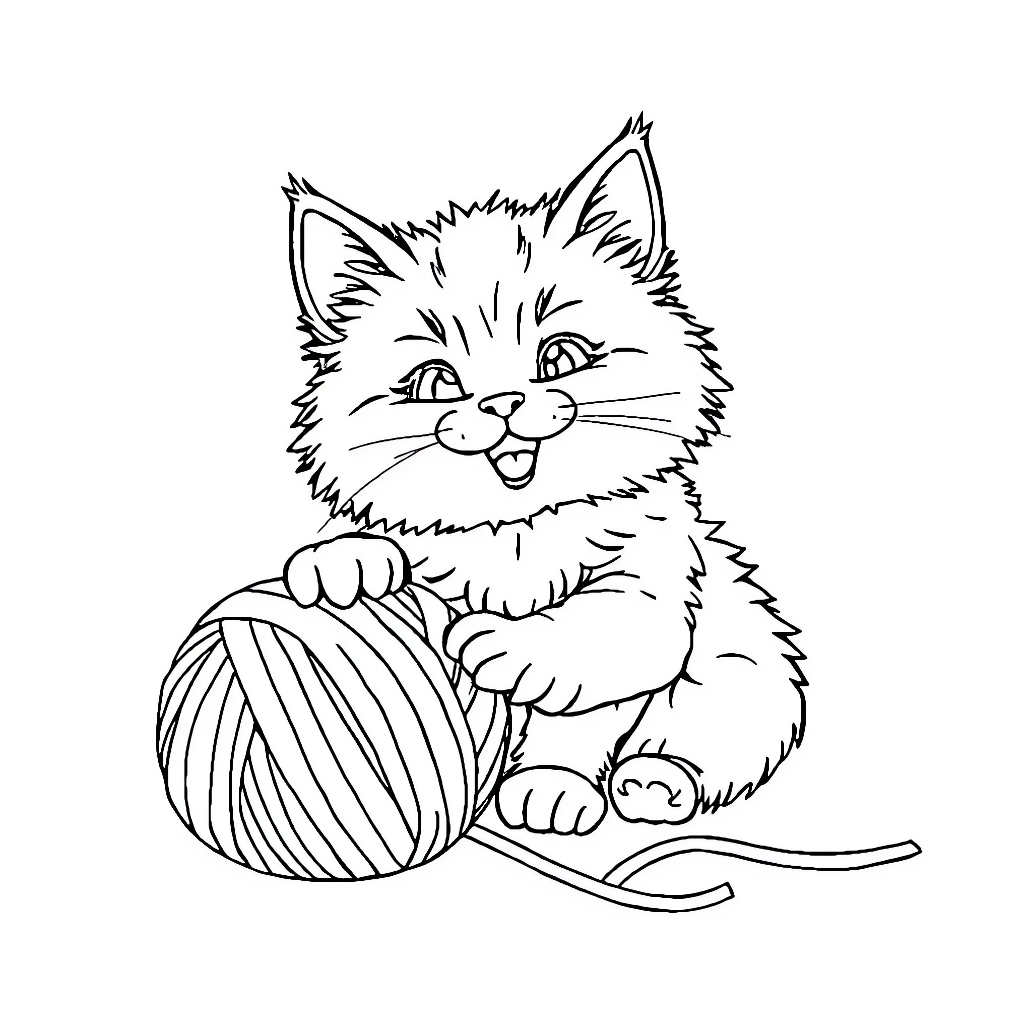 Cat playing with yarn ball Coloring Page (free black-and-white line drawing printable PDF for all, from beginners to advanced learners, including children, teens, adults, and seniors)