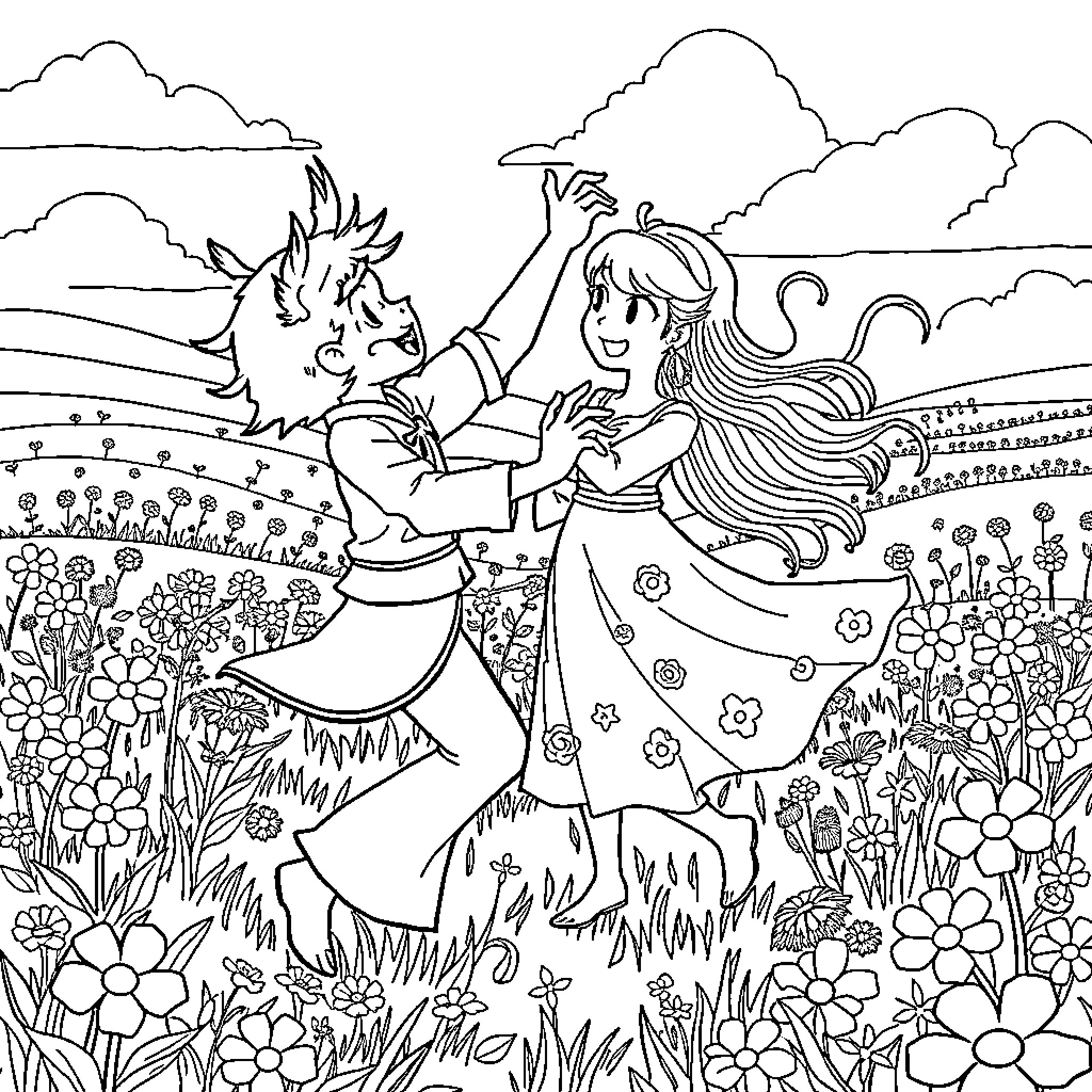 Tanjiro and Nezuko Embrace in a Floral Meadow Coloring Page (free black-and-white line drawing printable PDF for all, from beginners to advanced learners, including children, teens, adults, and seniors)