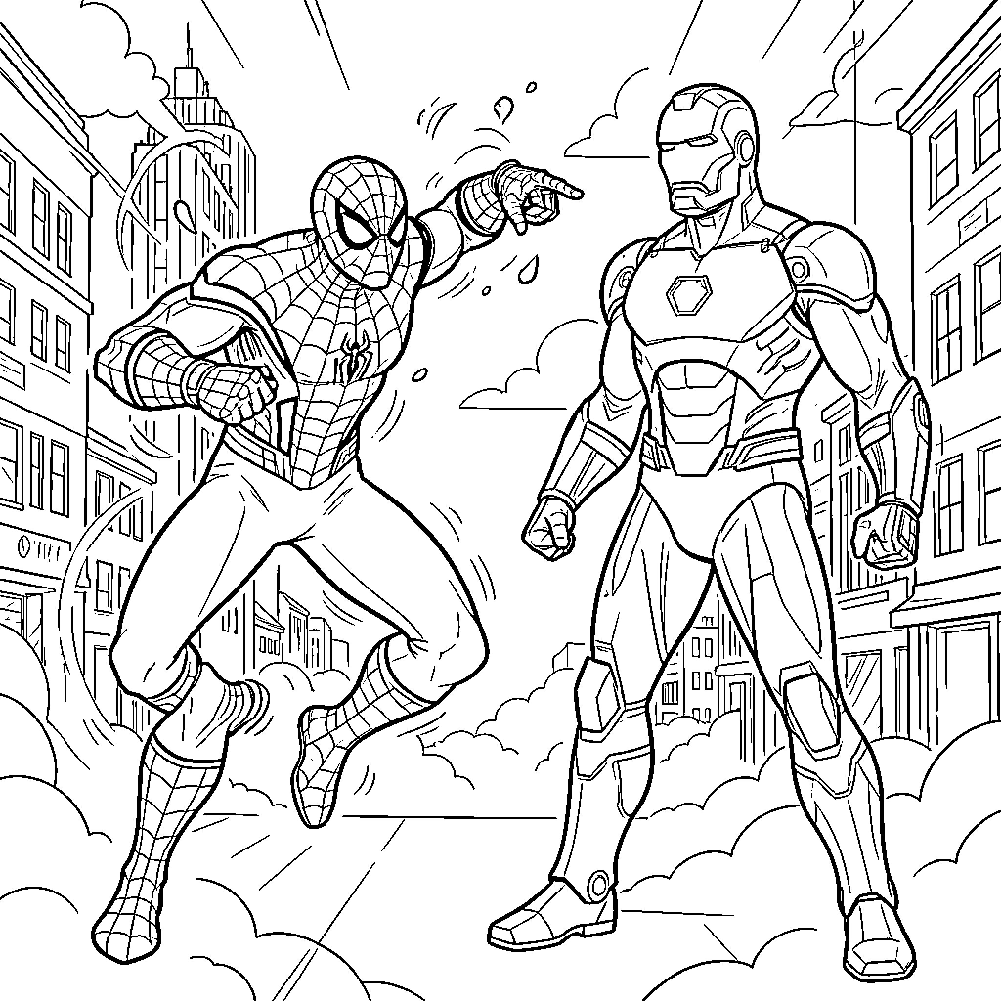 Spiderman facing off against Iron Man in the city Coloring Page (free black-and-white line drawing printable PDF for all, from beginners to advanced learners, including children, teens, adults, and seniors)