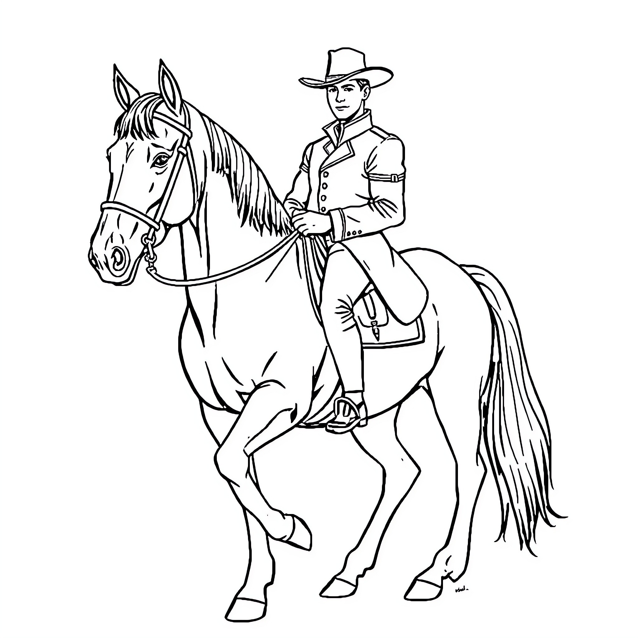 Horse and Cowboy in Action Coloring Page (free black-and-white line drawing printable PDF for all, from beginners to advanced learners, including children, teens, adults, and seniors)