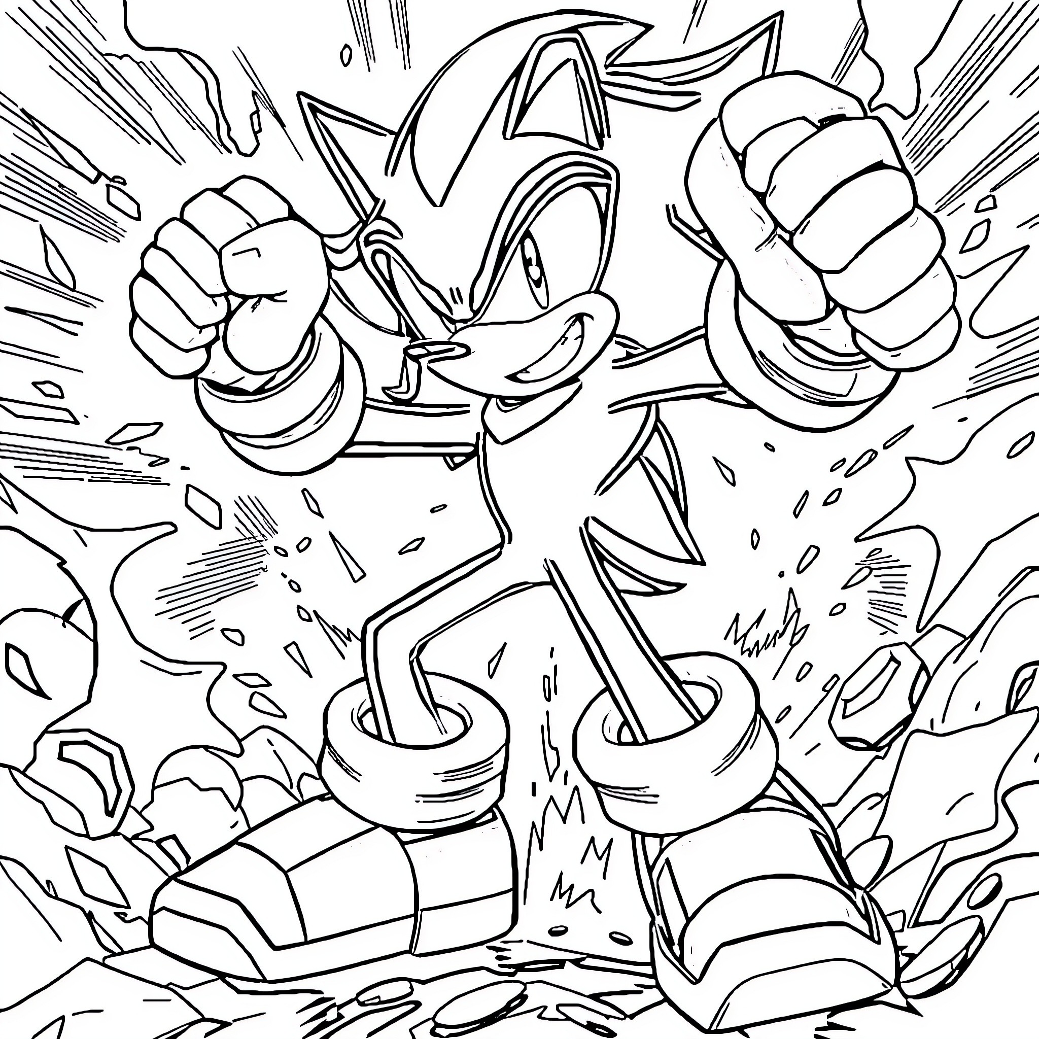 Shadow of a speeding hero in action Coloring Page (free black-and-white line drawing printable PDF for all, from beginners to advanced learners, including children, teens, adults, and seniors)