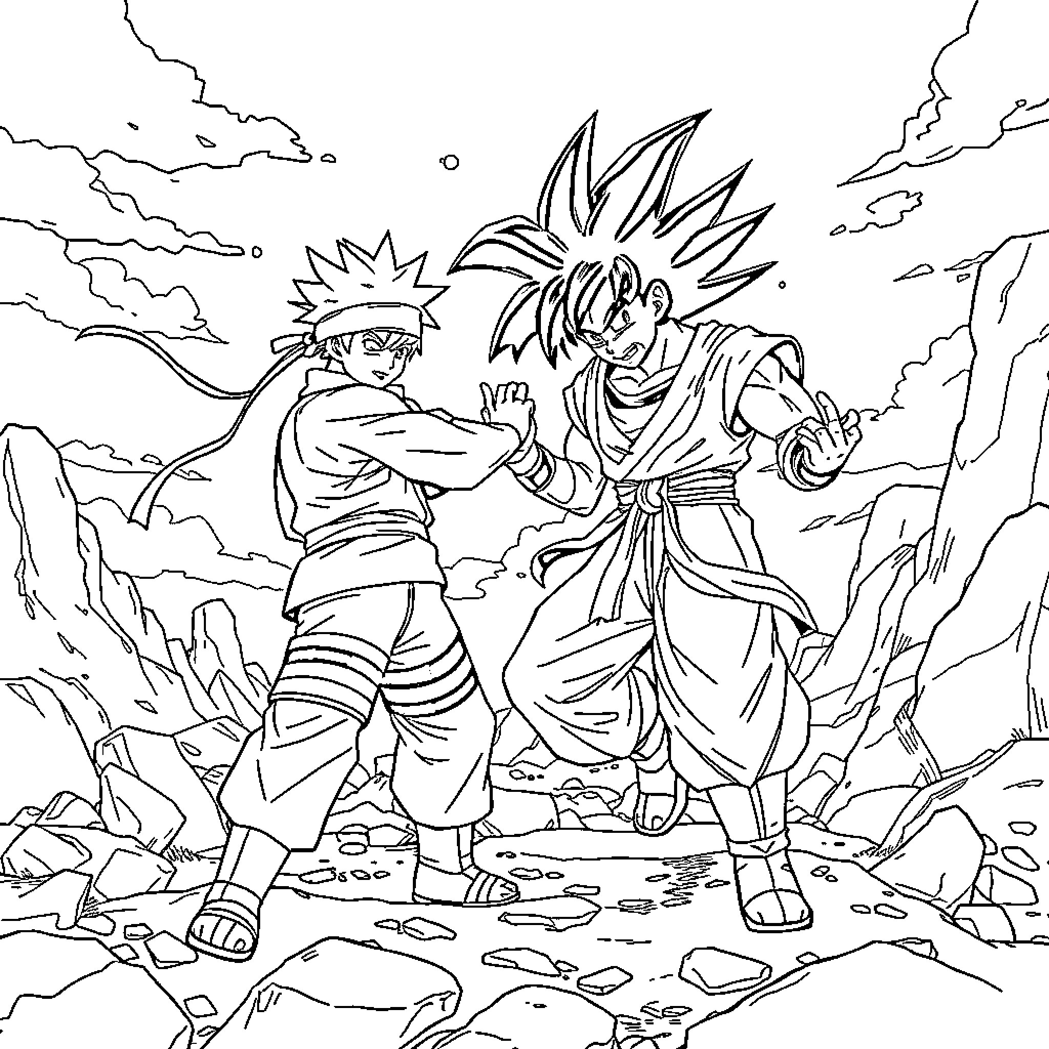 Naruto and Goku clash in an epic battle Coloring Page (free black-and-white line drawing printable PDF for all, from beginners to advanced learners, including children, teens, adults, and seniors)