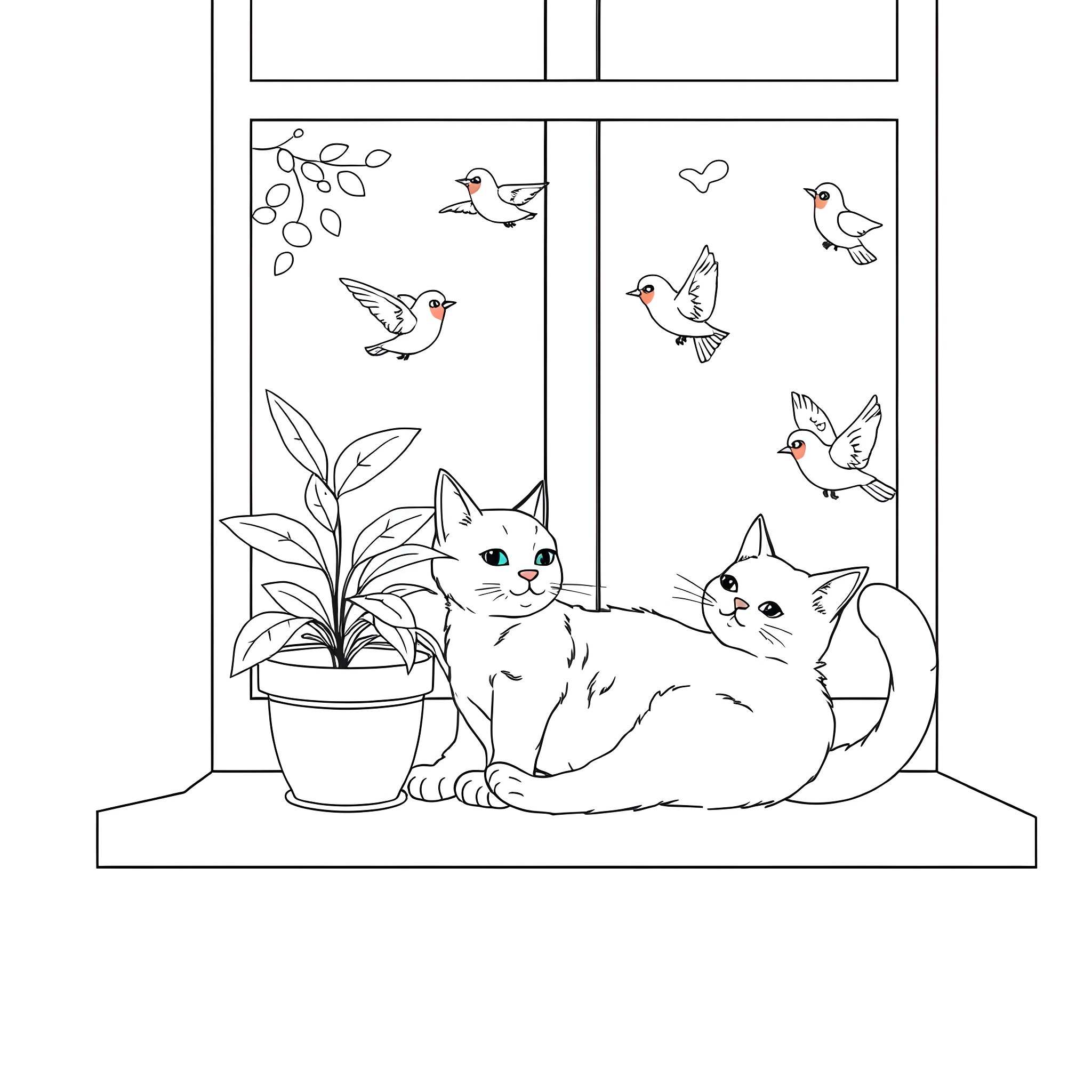 Cats watching birds through the window Coloring Page (free black-and-white line drawing printable PDF for all, from beginners to advanced learners, including children, teens, adults, and seniors)