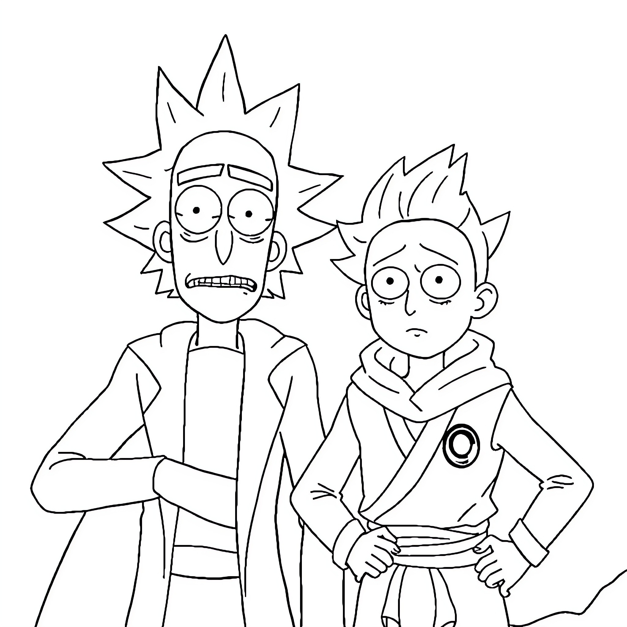 Rick And Morty in worried expressions Coloring Page (free black-and-white line drawing printable PDF for all, from beginners to advanced learners, including children, teens, adults, and seniors)