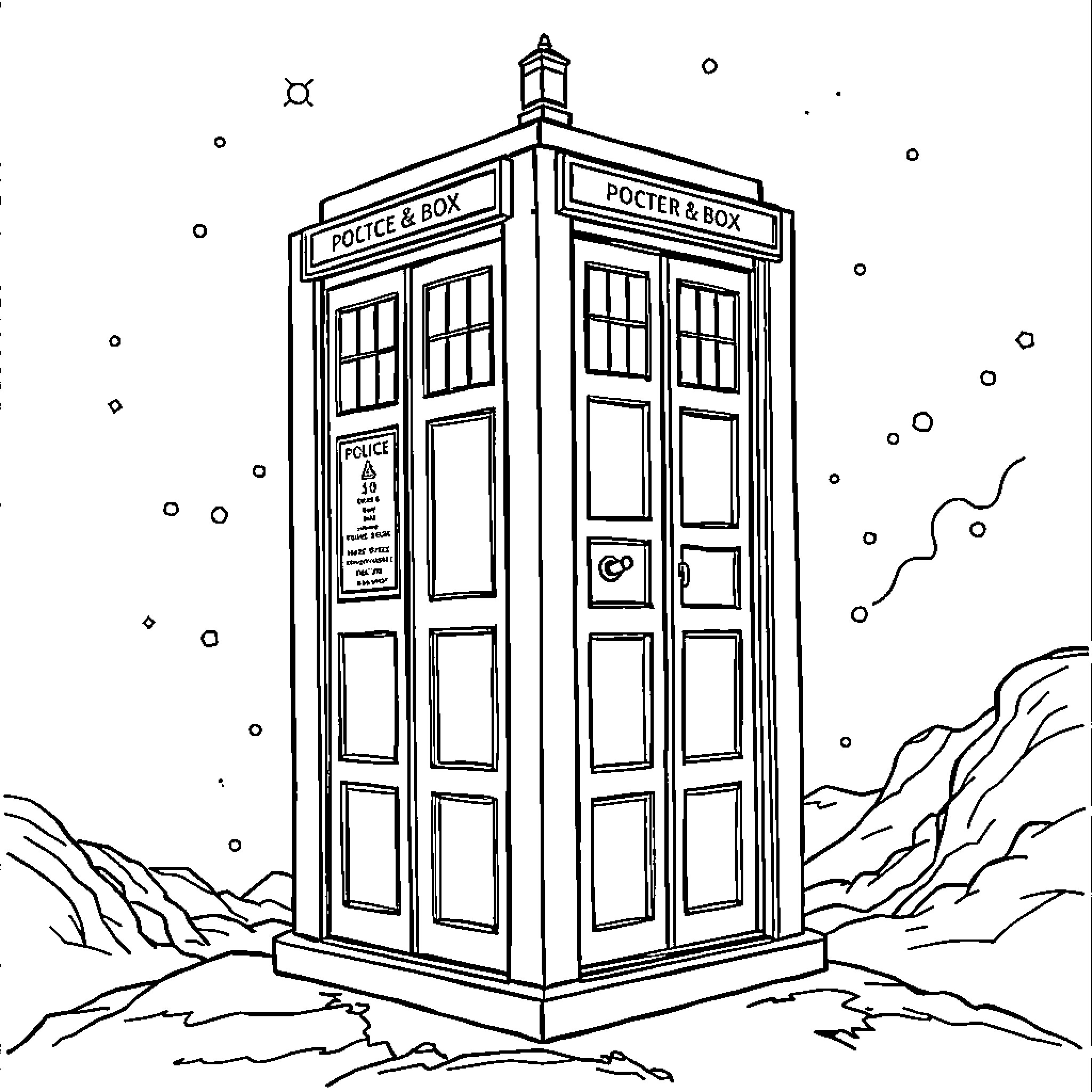 Doctor Examines Iconic Police Box in the Wilderness Coloring Page (free black-and-white line drawing printable PDF for all, from beginners to advanced learners, including children, teens, adults, and seniors)