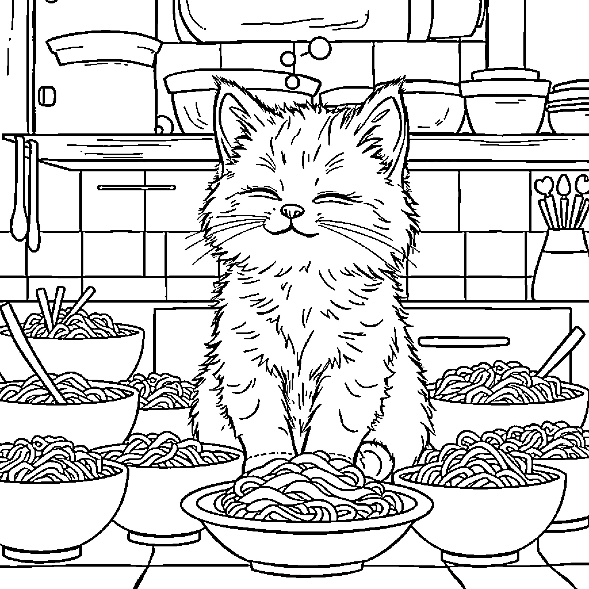 Kitten enjoying a bowl of noodles in the kitchen Coloring Page (free black-and-white line drawing printable PDF for all, from beginners to advanced learners, including children, teens, adults, and seniors)
