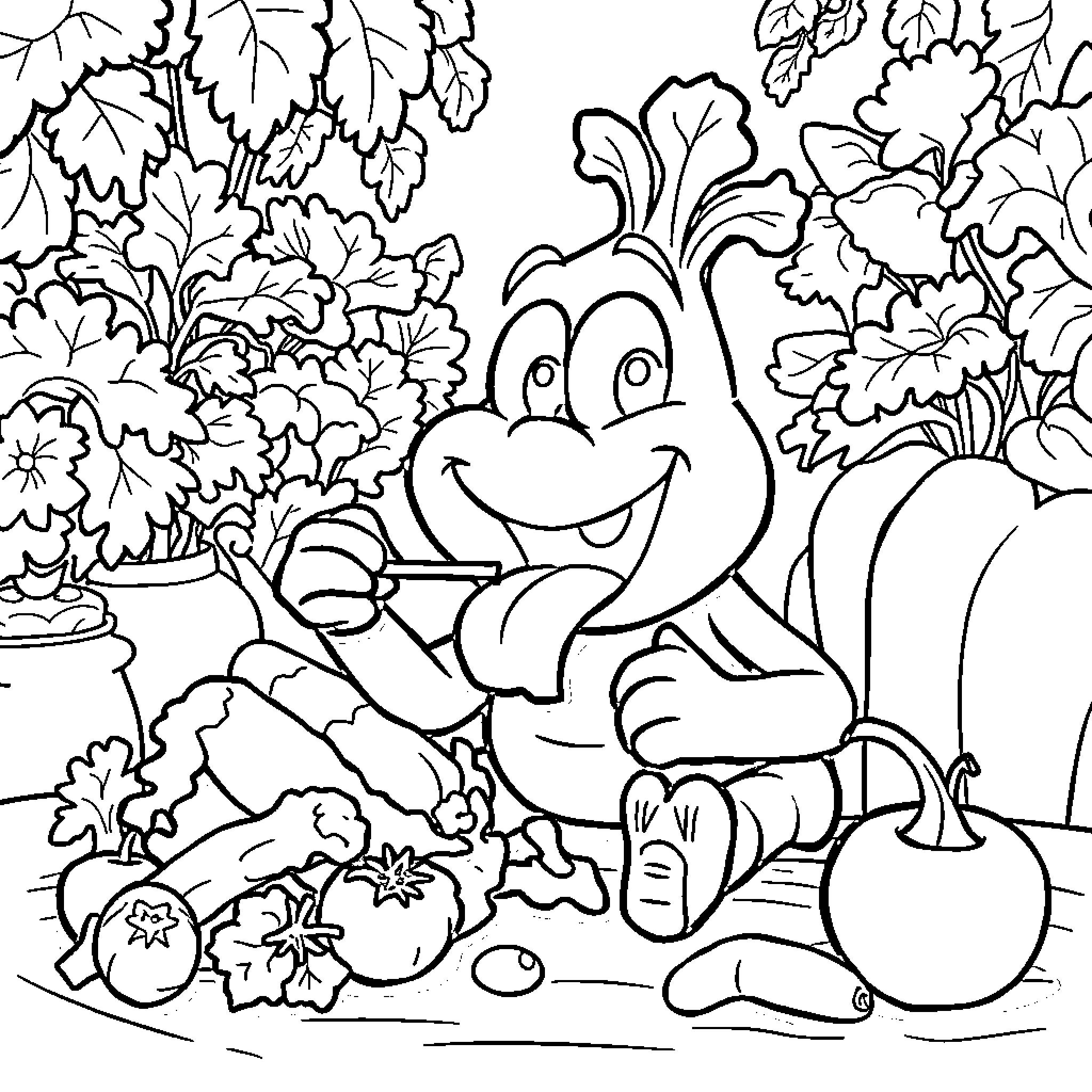 Bartolito's Vegetable Garden Adventure Coloring Page (free black-and-white line drawing printable PDF for all, from beginners to advanced learners, including children, teens, adults, and seniors)