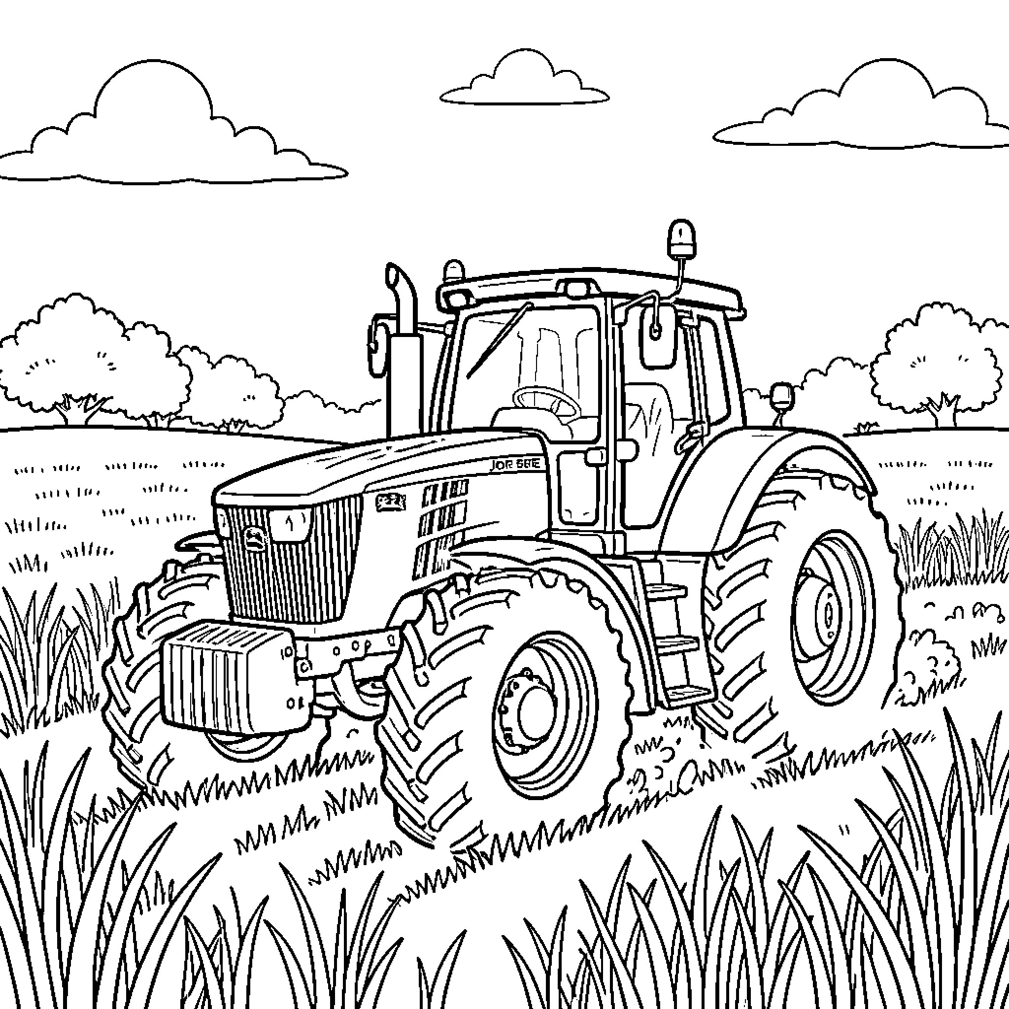Tractor working in the field with clouds Coloring Page (free black-and-white line drawing printable PDF for all, from beginners to advanced learners, including children, teens, adults, and seniors)