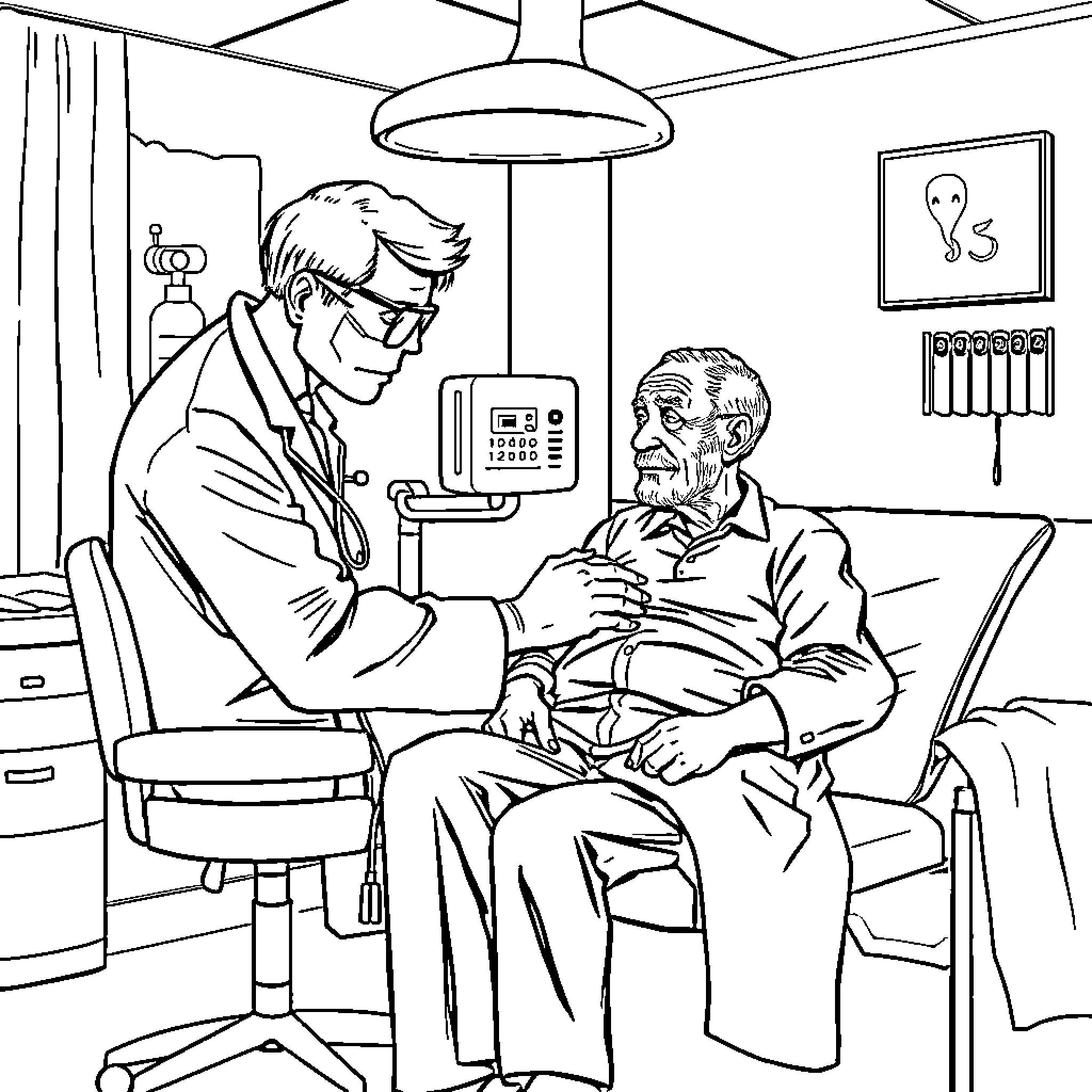 Doctor Examining Elderly Patient in Medical Office Coloring Page (free black-and-white line drawing printable PDF for all, from beginners to advanced learners, including children, teens, adults, and seniors)