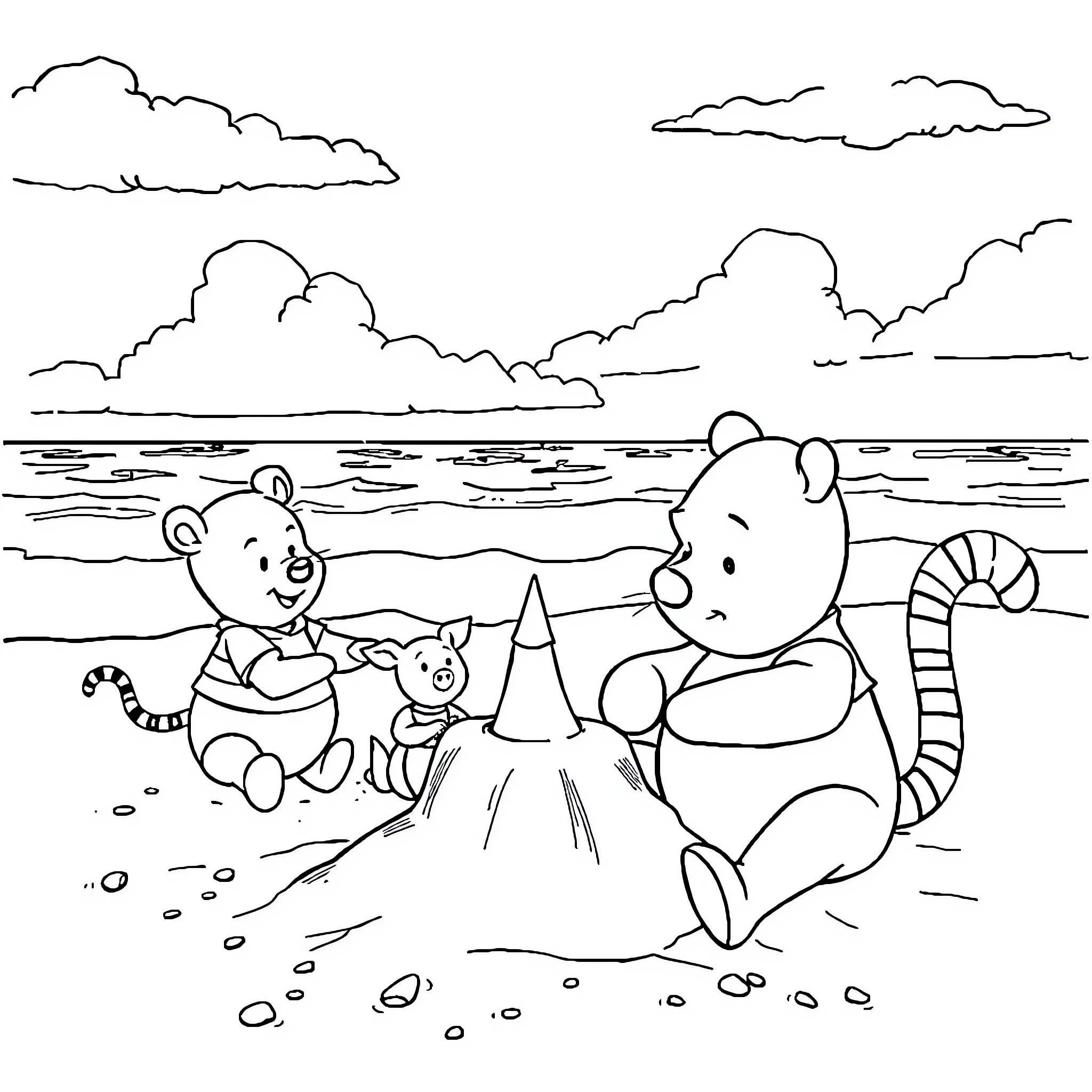Winnie The Pooh and Friends Building Sandcastles on the Beach Coloring Page (free black-and-white line drawing printable PDF for all, from beginners to advanced learners, including children, teens, adults, and seniors)