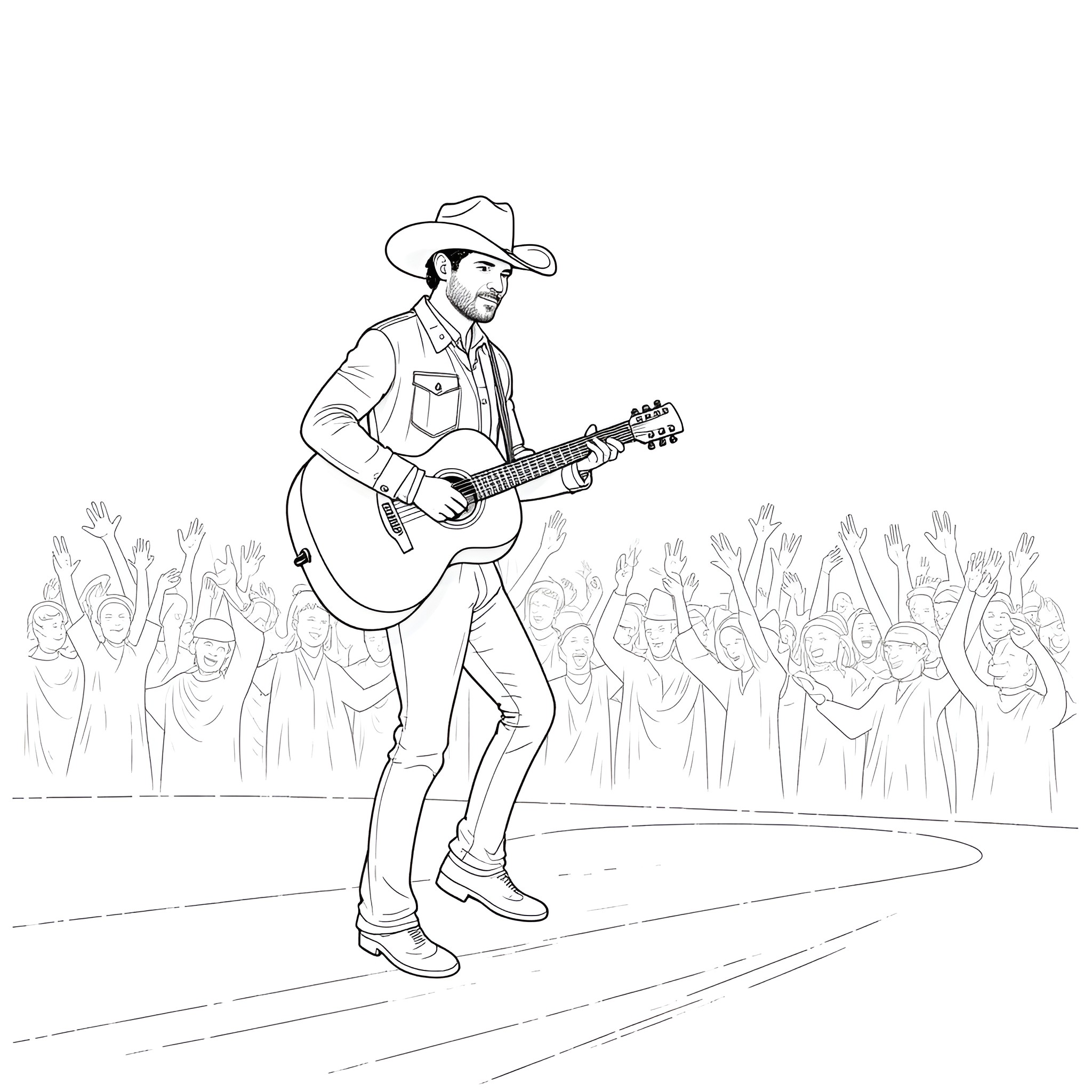 Kent McAlister performing on stage with guitar Coloring Page (free black-and-white line drawing printable PDF for all, from beginners to advanced learners, including children, teens, adults, and seniors)