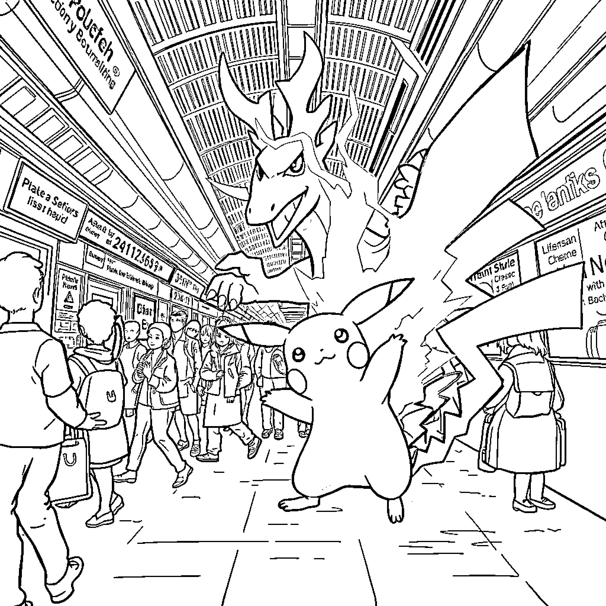 Pikachu chaotic adventure in the city streets Coloring Page (free black-and-white line drawing printable PDF for all, from beginners to advanced learners, including children, teens, adults, and seniors)