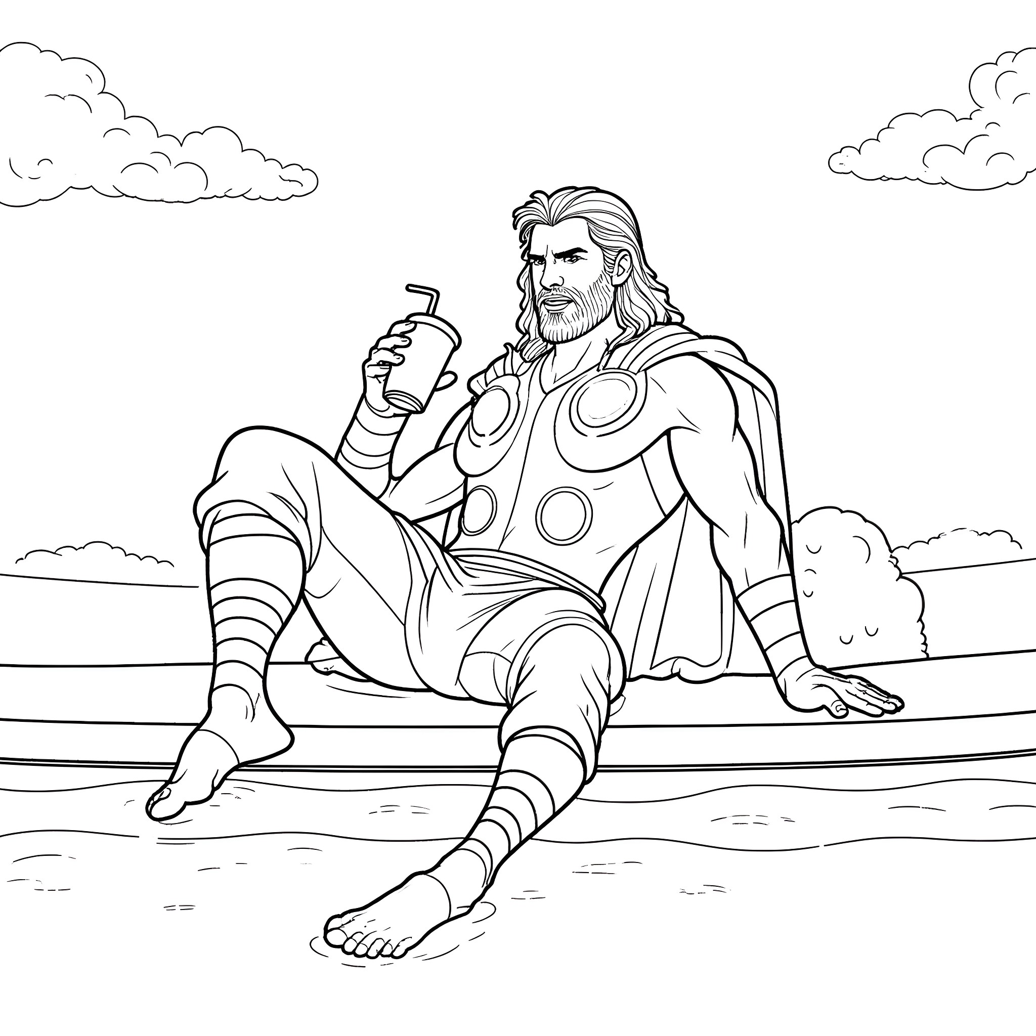 Thor resting on the battlefield Coloring Page (free black-and-white line drawing printable PDF for all, from beginners to advanced learners, including children, teens, adults, and seniors)