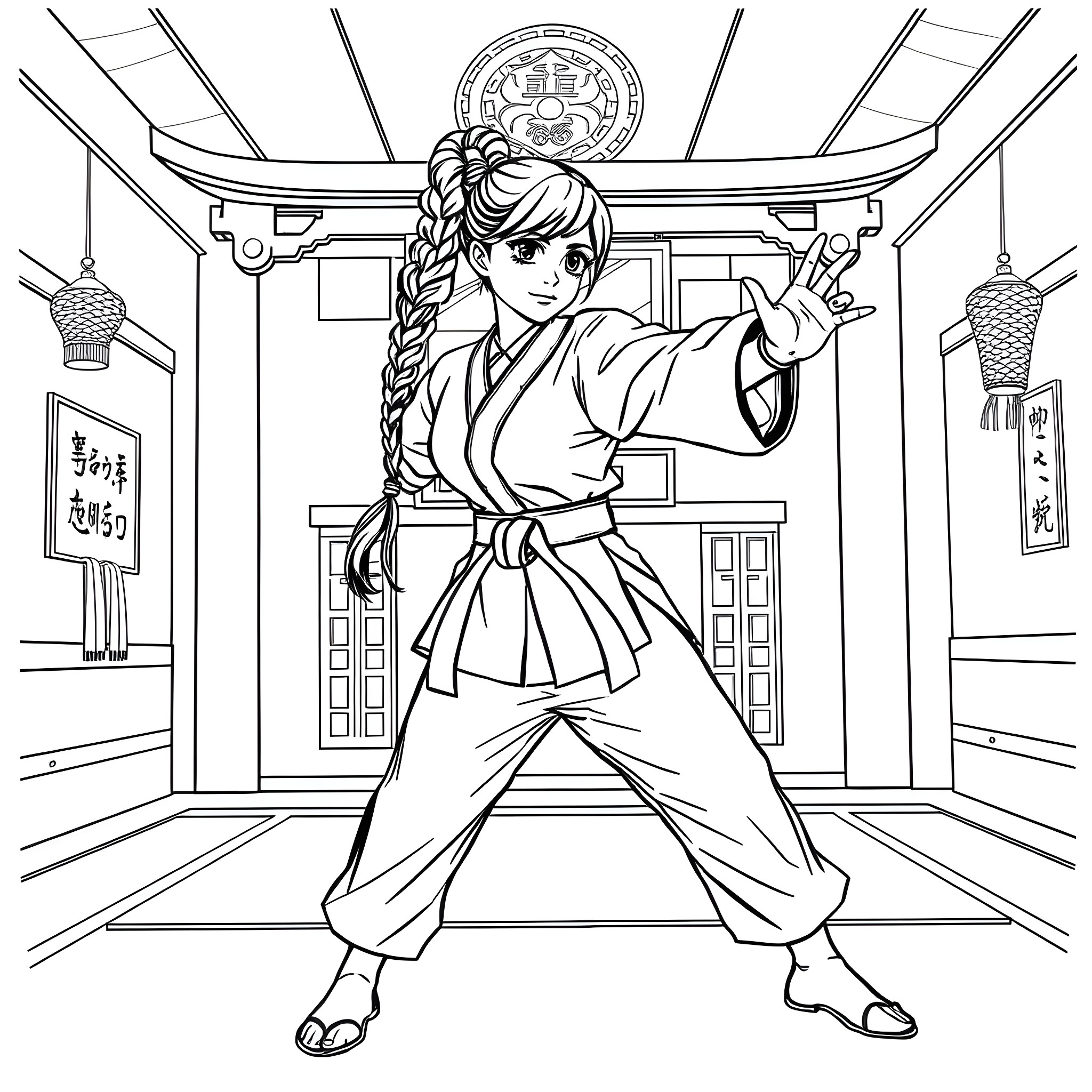 Hera's Martial Arts Mastery in Traditional Japanese Setting Coloring Page (free black-and-white line drawing printable PDF for all, from beginners to advanced learners, including children, teens, adults, and seniors)