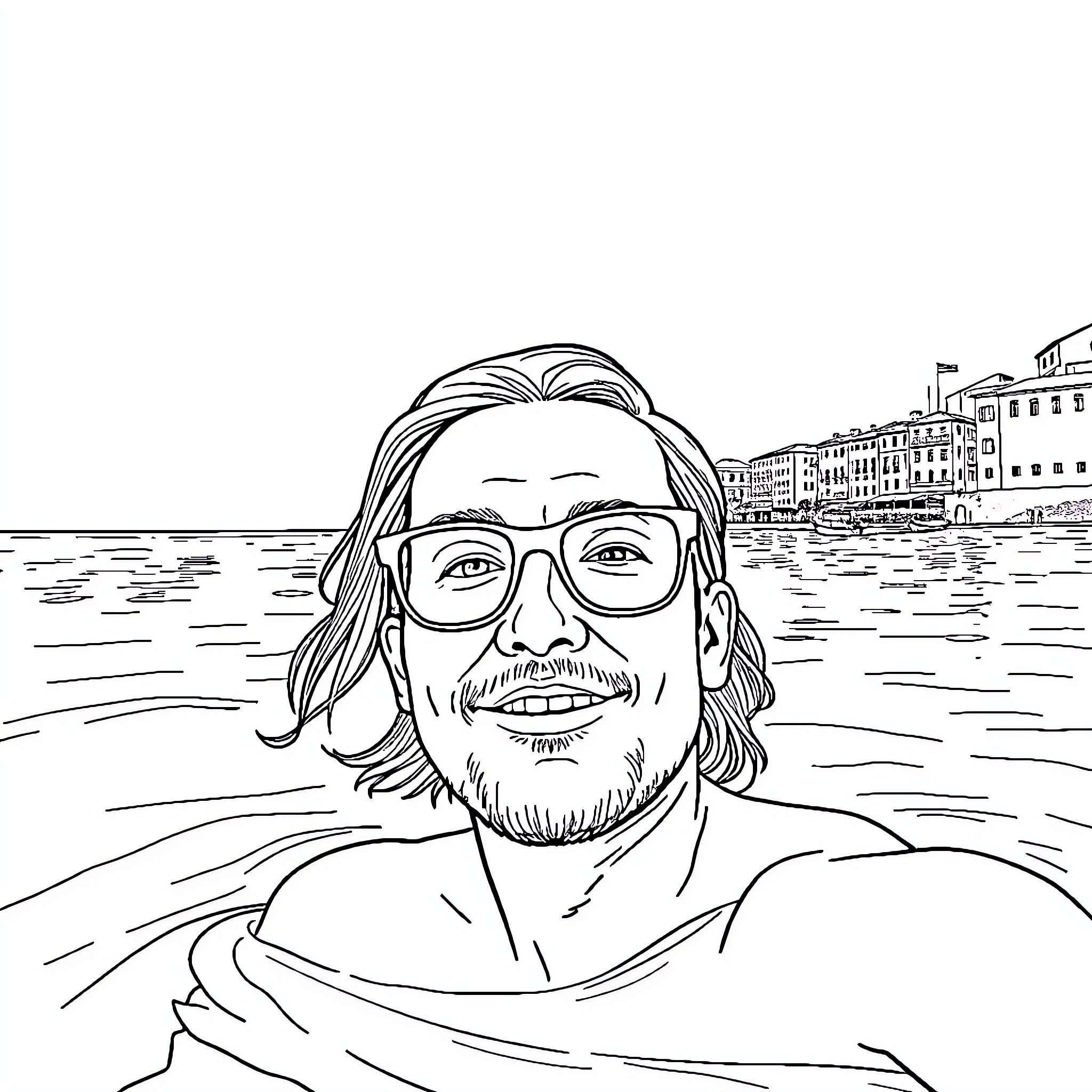 Teacher smiling happily in the city by the sea Coloring Page (free black-and-white line drawing printable PDF for all, from beginners to advanced learners, including children, teens, adults, and seniors)