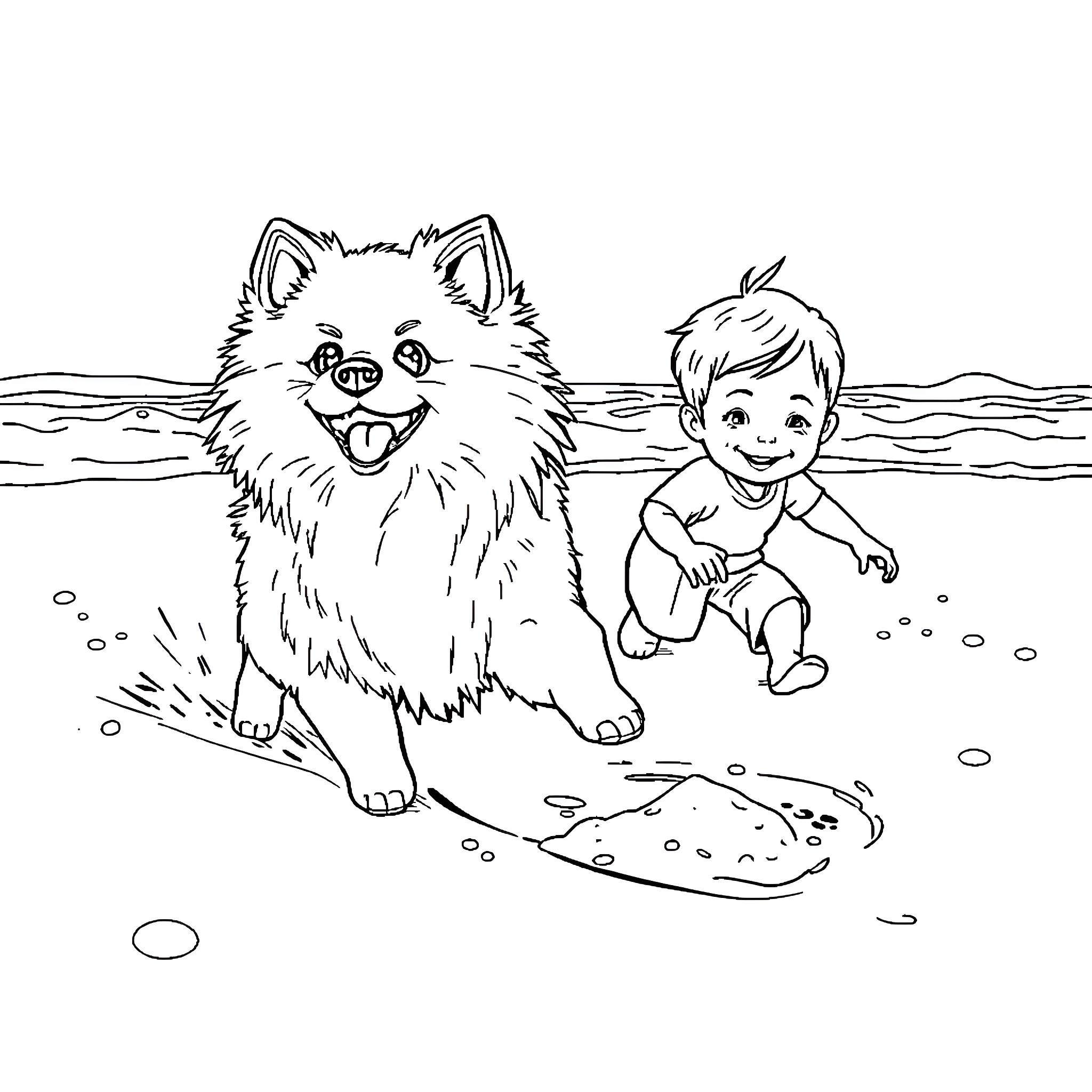 Pomeranian playing with a child at the beach Coloring Page (free black-and-white line drawing printable PDF for all, from beginners to advanced learners, including children, teens, adults, and seniors)
