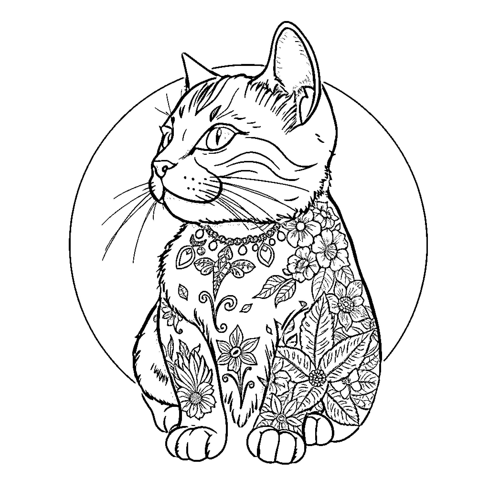 Tattooed Cat with Ornate Floral Pattern Coloring Page (free black-and-white line drawing printable PDF for all, from beginners to advanced learners, including children, teens, adults, and seniors)
