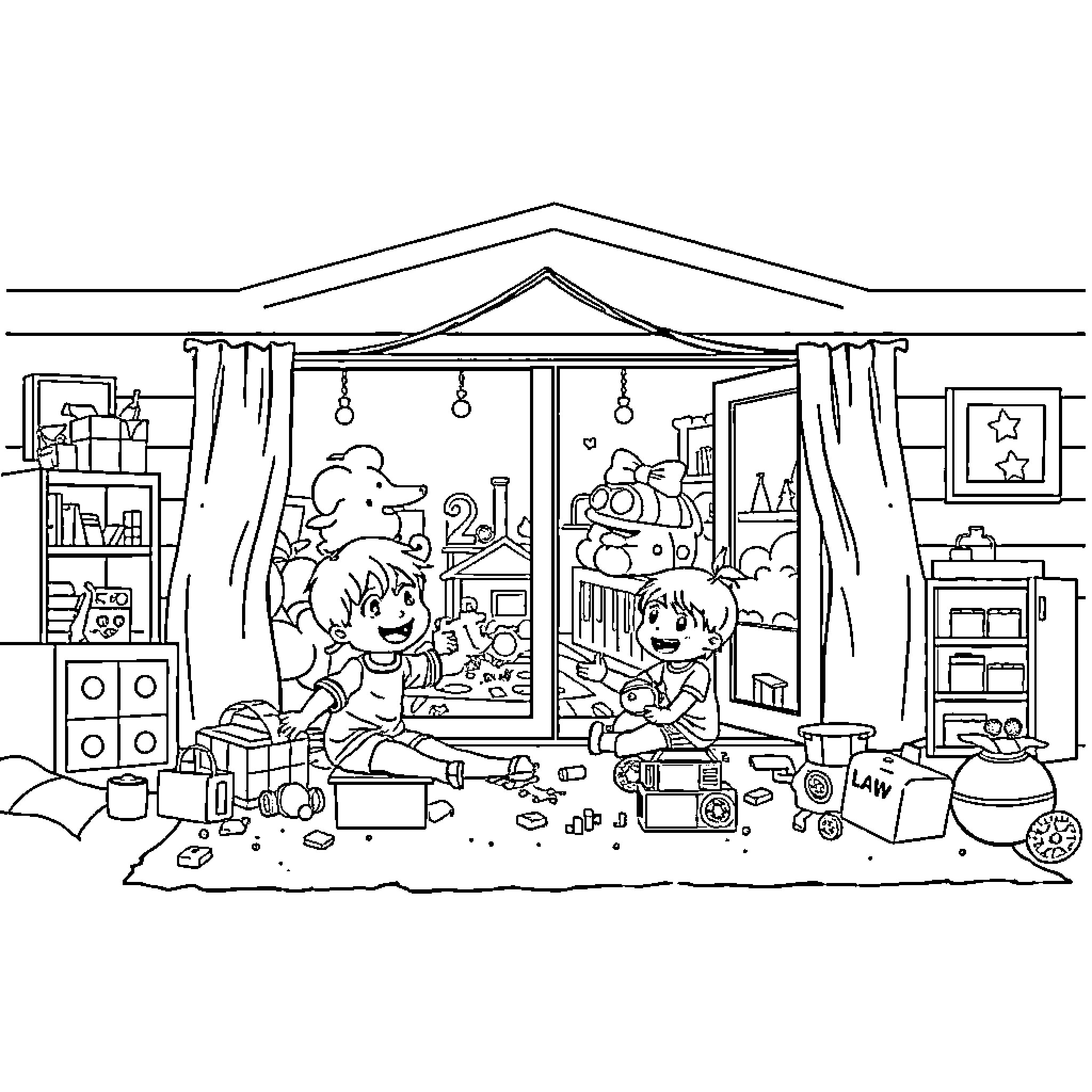 Child's Playful Imagination in a Cozy Room Coloring Page (free black-and-white line drawing printable PDF for all, from beginners to advanced learners, including children, teens, adults, and seniors)