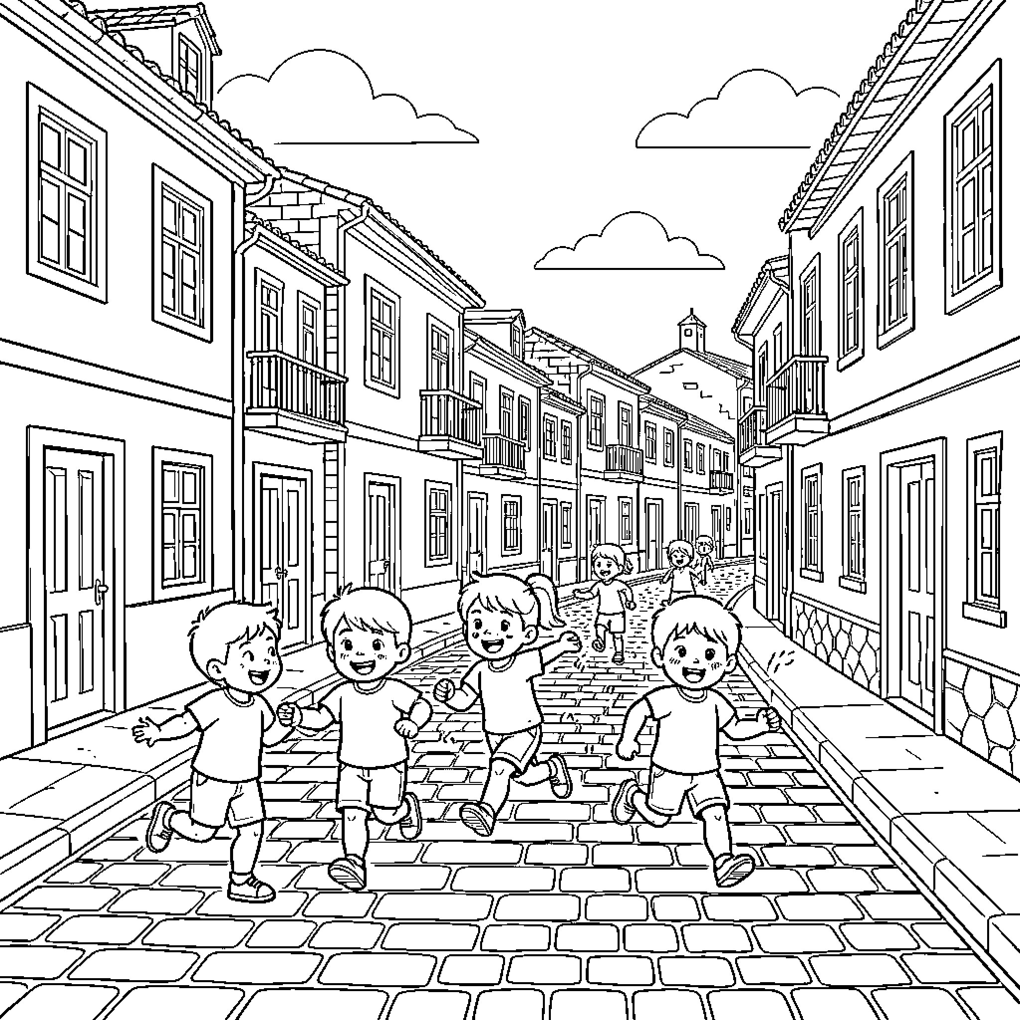 Children playing happily on the cobblestone street Coloring Page (free black-and-white line drawing printable PDF for all, from beginners to advanced learners, including children, teens, adults, and seniors)