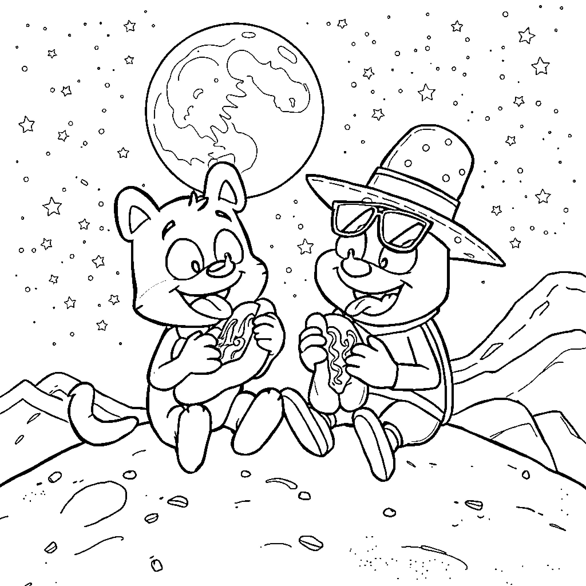 Bluey and Bingo Stargazing Adventure Coloring Page (free black-and-white line drawing printable PDF for all, from beginners to advanced learners, including children, teens, adults, and seniors)