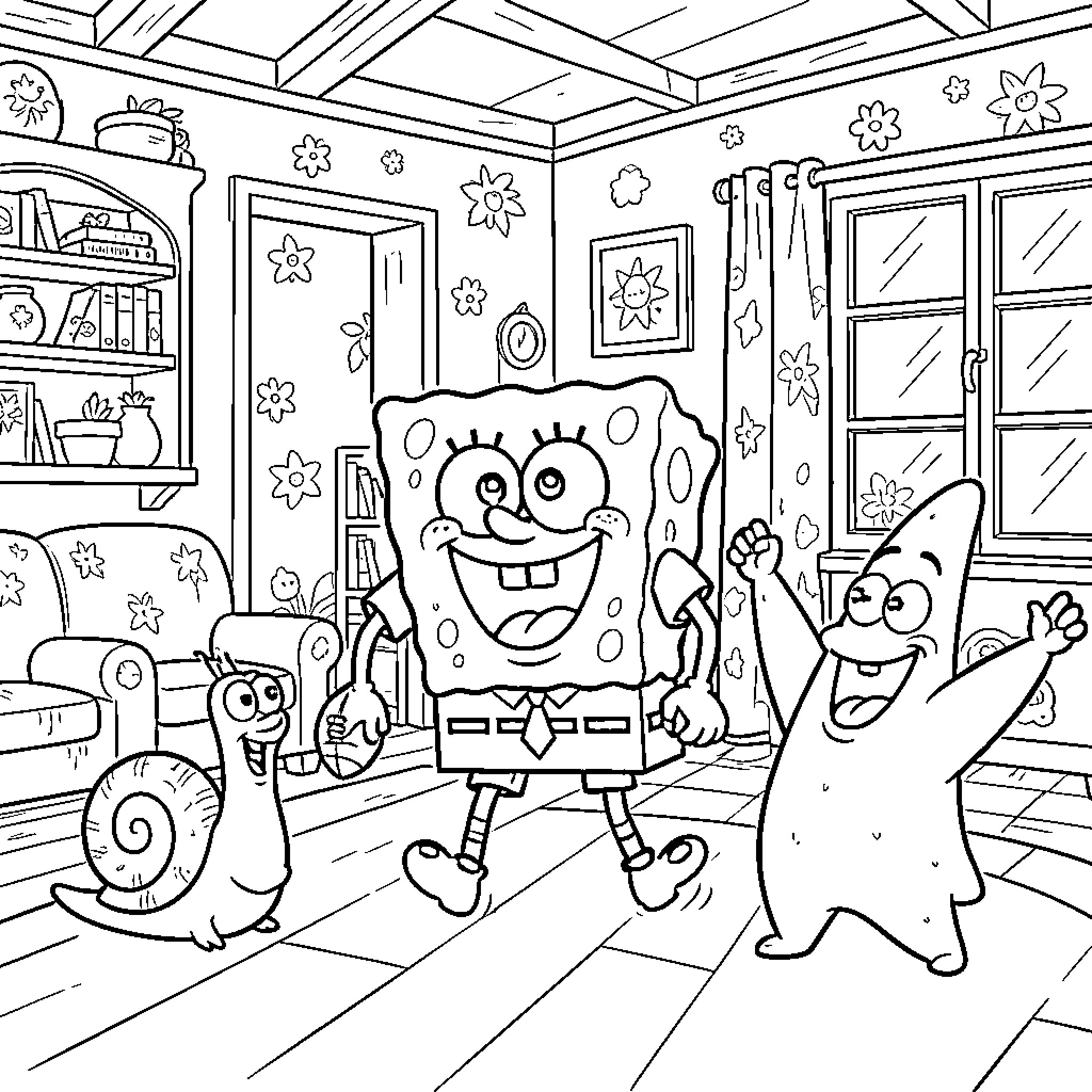 Spongebob and friends having fun in the room Coloring Page (free black-and-white line drawing printable PDF for all, from beginners to advanced learners, including children, teens, adults, and seniors)