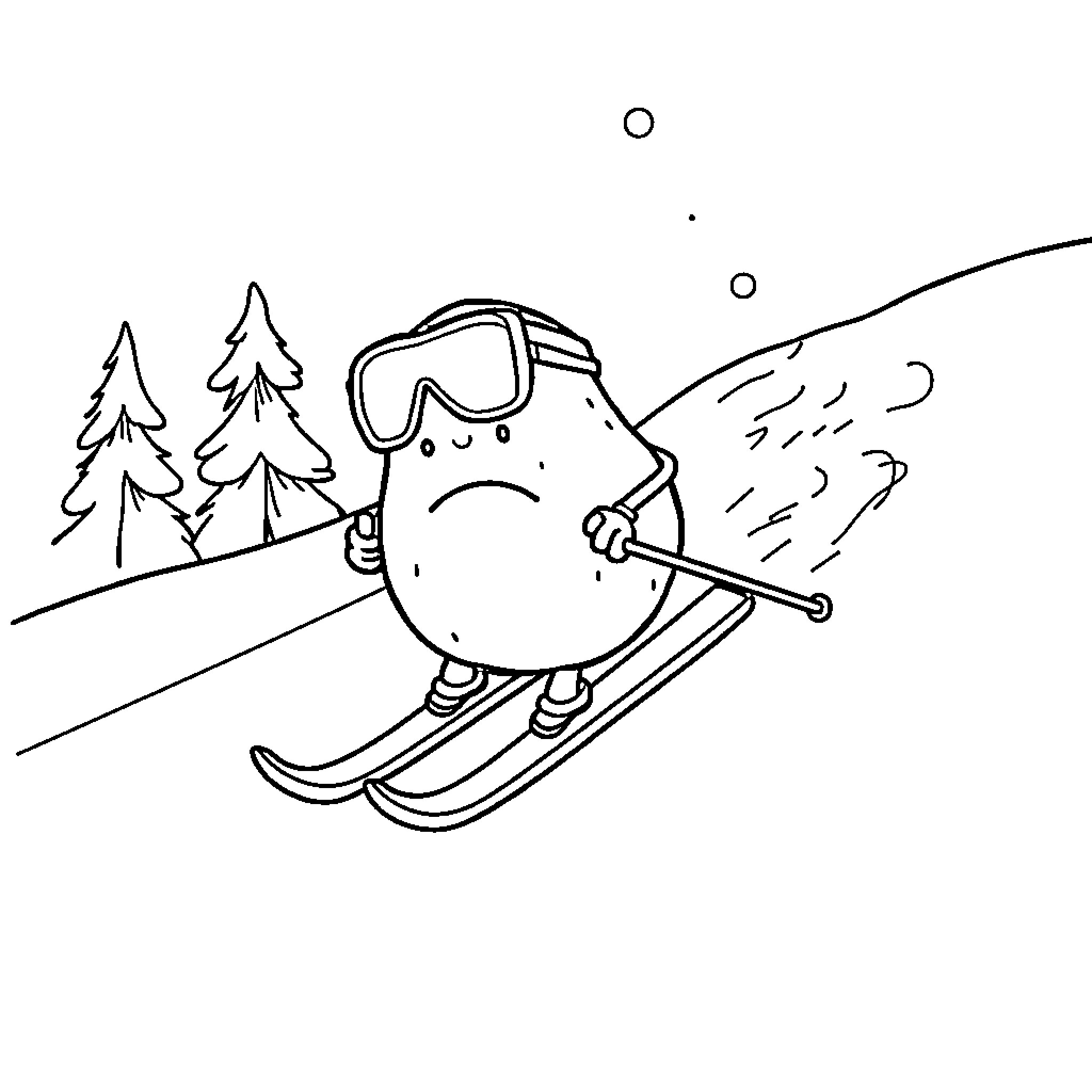 Potato skiing downhill in the snow Coloring Page (free black-and-white line drawing printable PDF for all, from beginners to advanced learners, including children, teens, adults, and seniors)