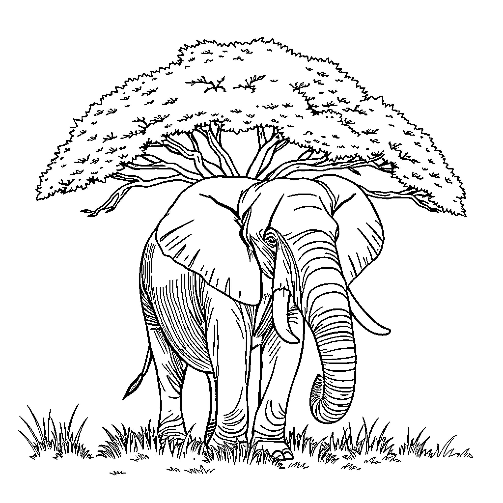 Elephant resting under the tree Coloring Page (free black-and-white line drawing printable PDF for all, from beginners to advanced learners, including children, teens, adults, and seniors)