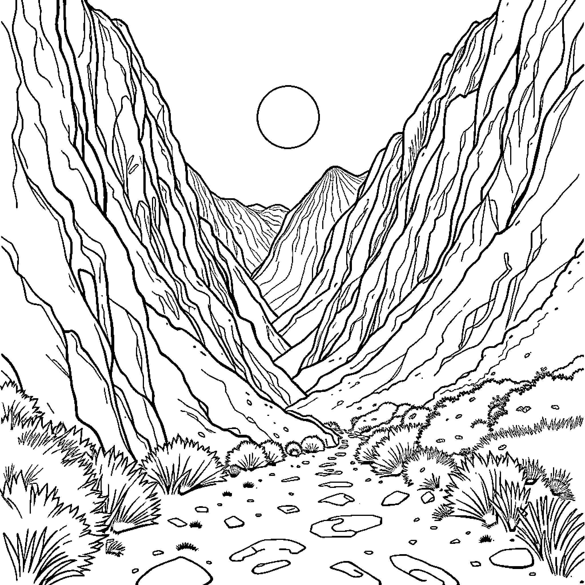 Mountain landscape with sun and path Coloring Page (free black-and-white line drawing printable PDF for all, from beginners to advanced learners, including children, teens, adults, and seniors)