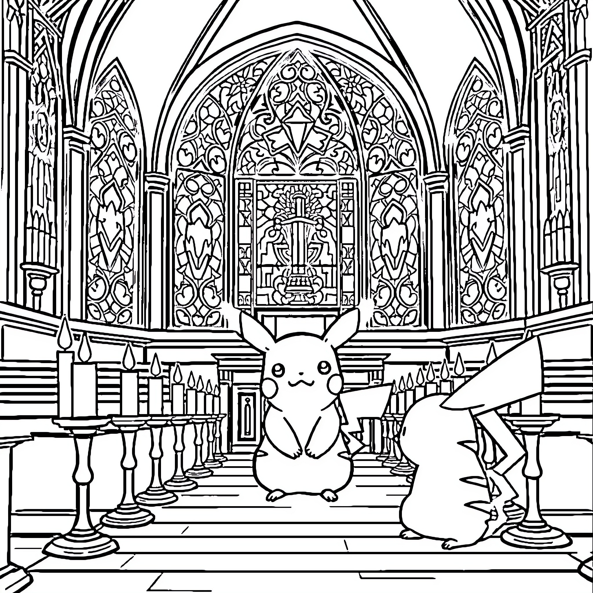 Pikachu in a grand cathedral with stained glass windows Coloring Page (free black-and-white line drawing printable PDF for all, from beginners to advanced learners, including children, teens, adults, and seniors)