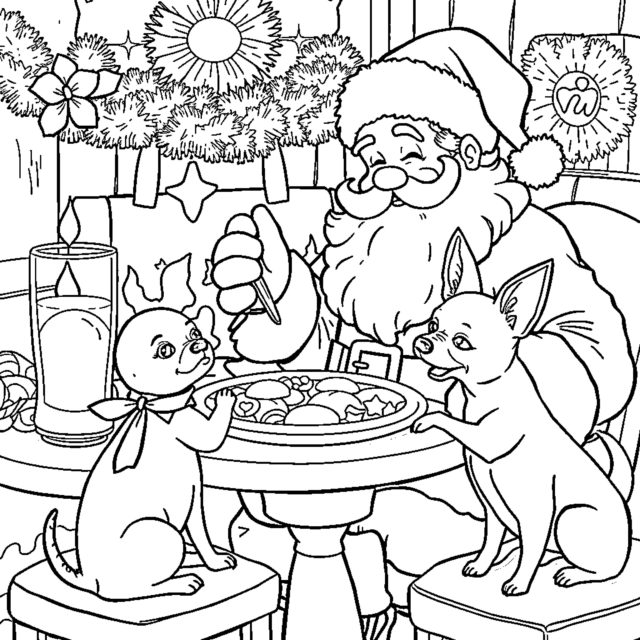Santa's Cozy Holiday Gathering with Festive Companions Coloring Page (free black-and-white line drawing printable PDF for all, from beginners to advanced learners, including children, teens, adults, and seniors)