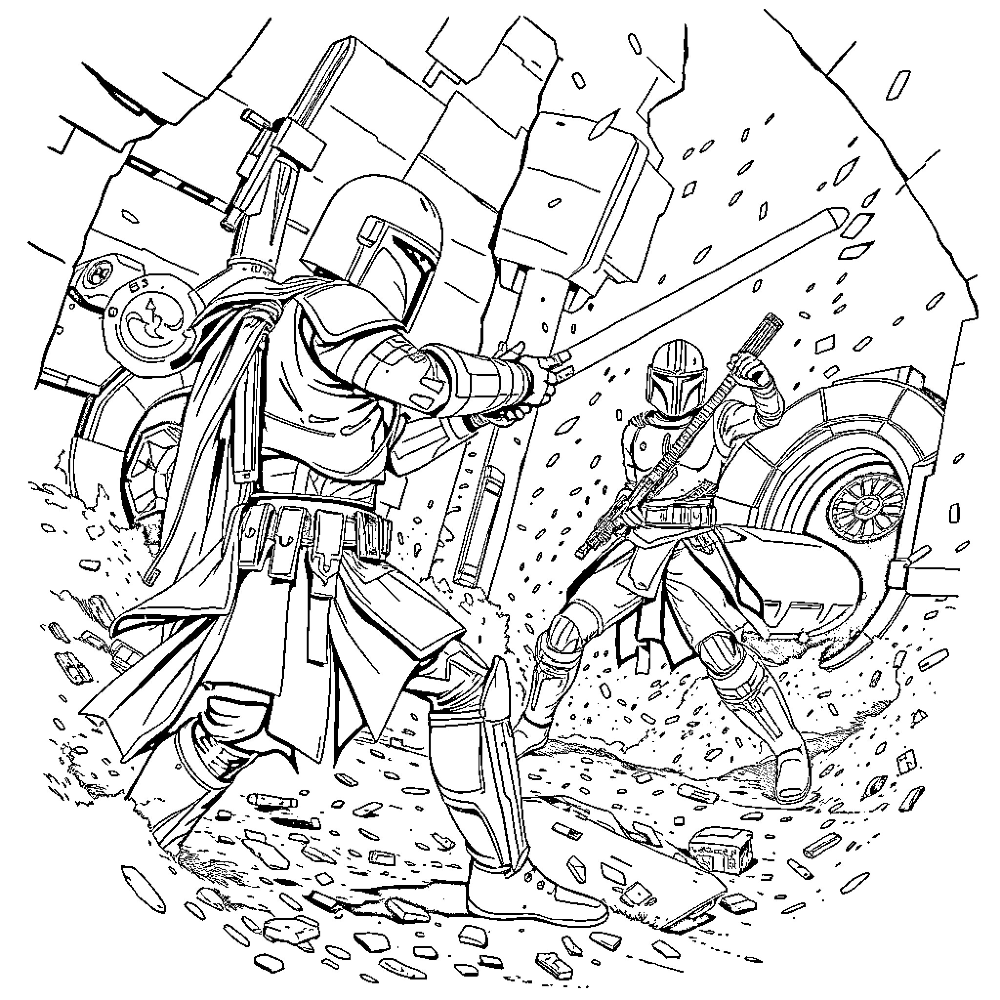 Soldier battles foes in intense combat scene Coloring Page (free black-and-white line drawing printable PDF for all, from beginners to advanced learners, including children, teens, adults, and seniors)