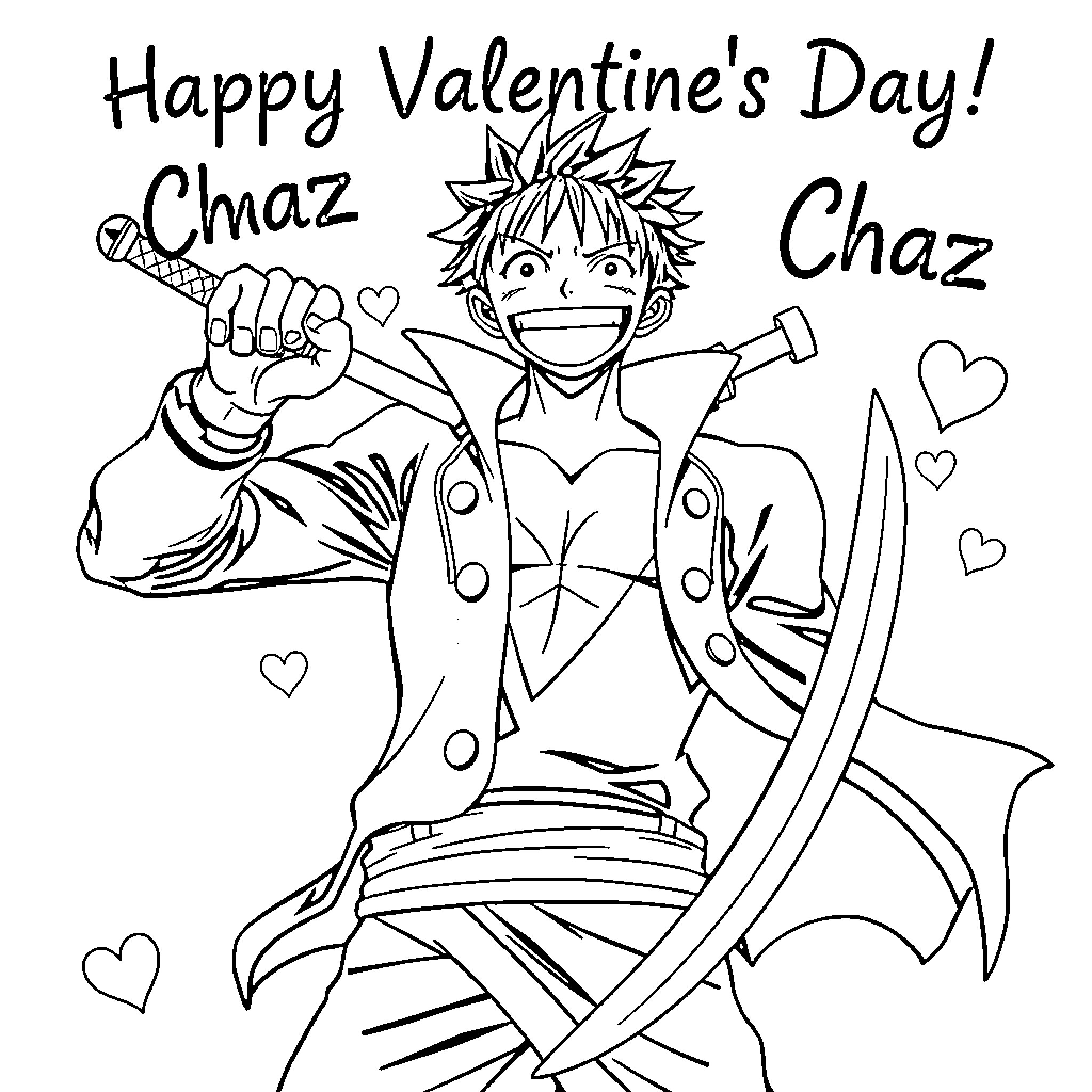 Zoro's Excited Valentine's Day Celebration Coloring Page (free black-and-white line drawing printable PDF for all, from beginners to advanced learners, including children, teens, adults, and seniors)