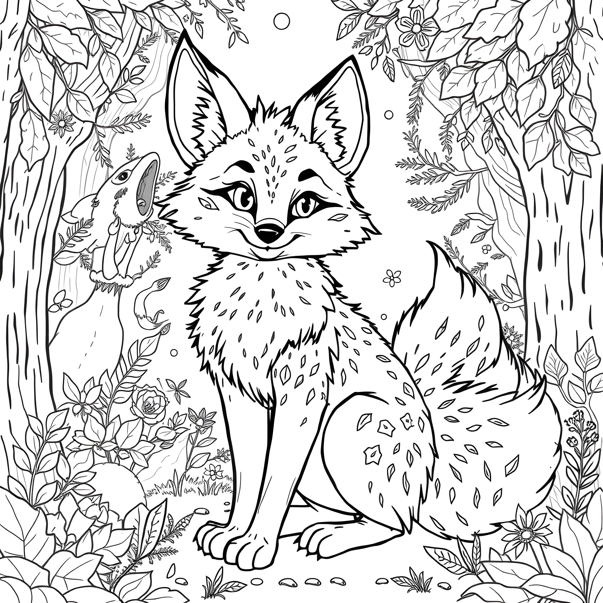 Fox exploring the enchanted forest Coloring Page (free black-and-white line drawing printable PDF for all, from beginners to advanced learners, including children, teens, adults, and seniors)