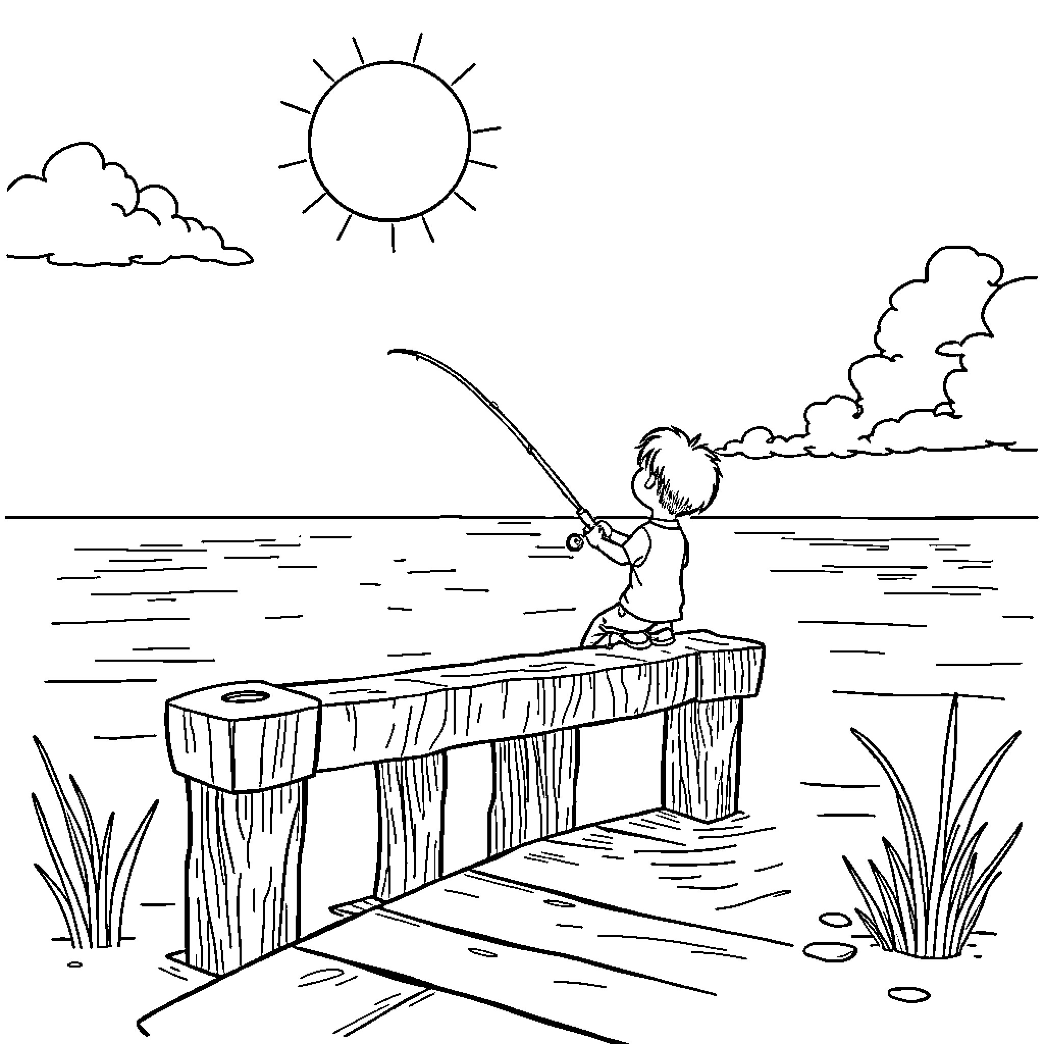 Boy fishing alone by the lake on a sunny day Coloring Page (free black-and-white line drawing printable PDF for all, from beginners to advanced learners, including children, teens, adults, and seniors)