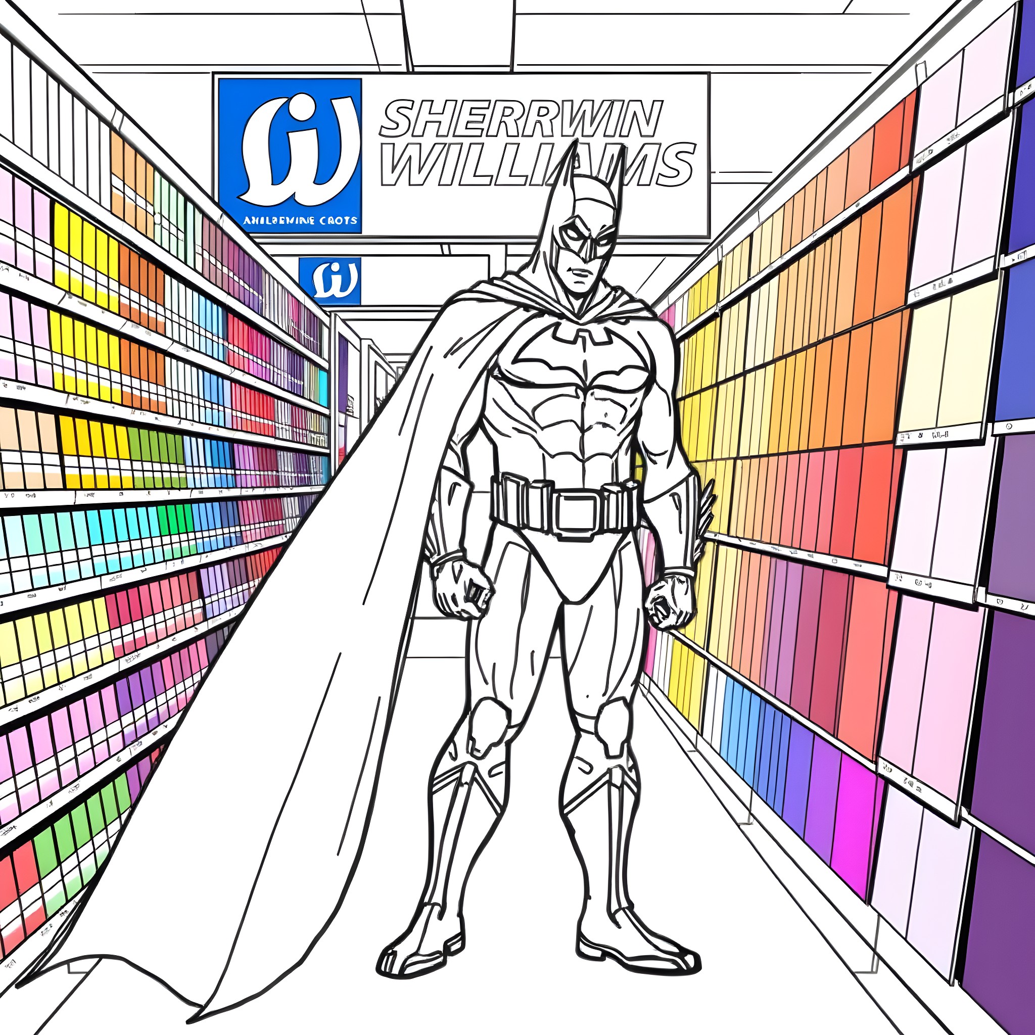 Batman Stands Tall Amidst Vibrant Paint Displays Coloring Page (free black-and-white line drawing printable PDF for all, from beginners to advanced learners, including children, teens, adults, and seniors)