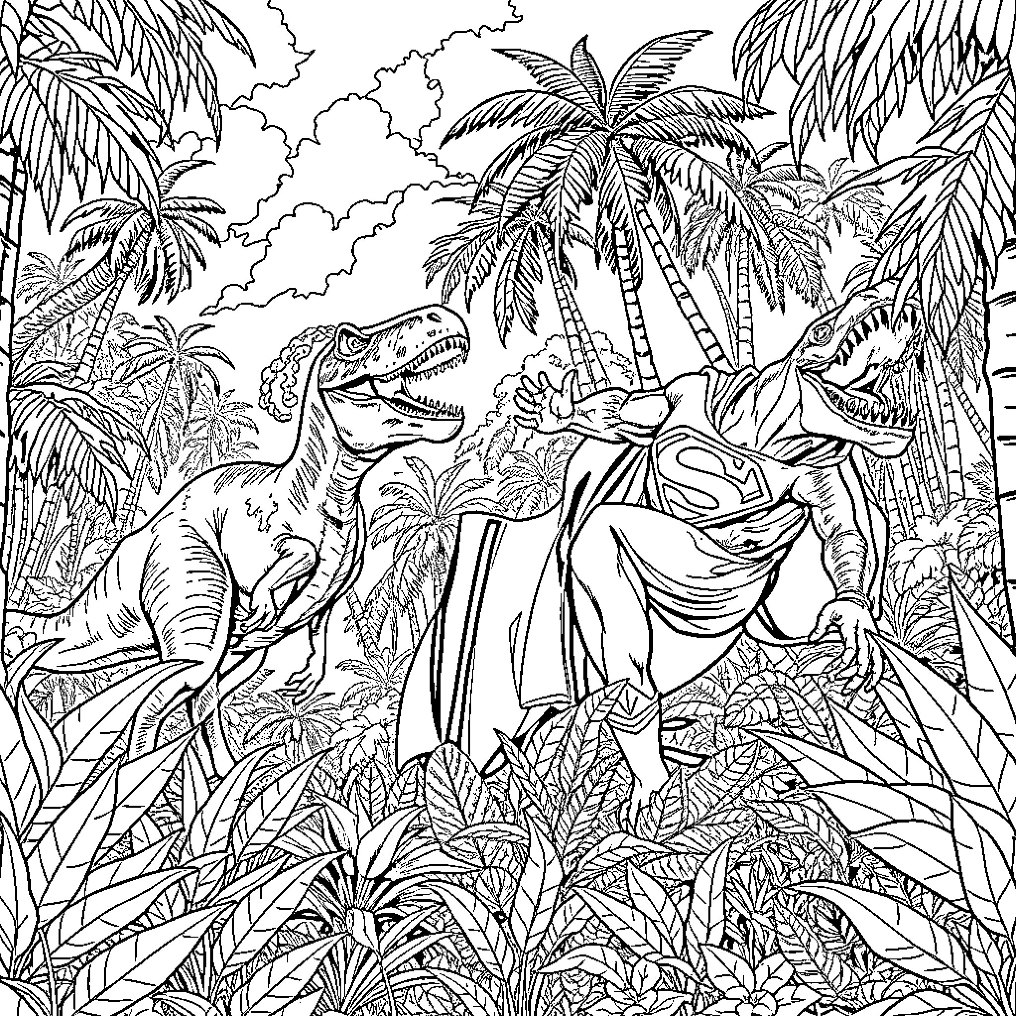 Dinosaurs exploring a lush tropical jungle Coloring Page (free black-and-white line drawing printable PDF for all, from beginners to advanced learners, including children, teens, adults, and seniors)