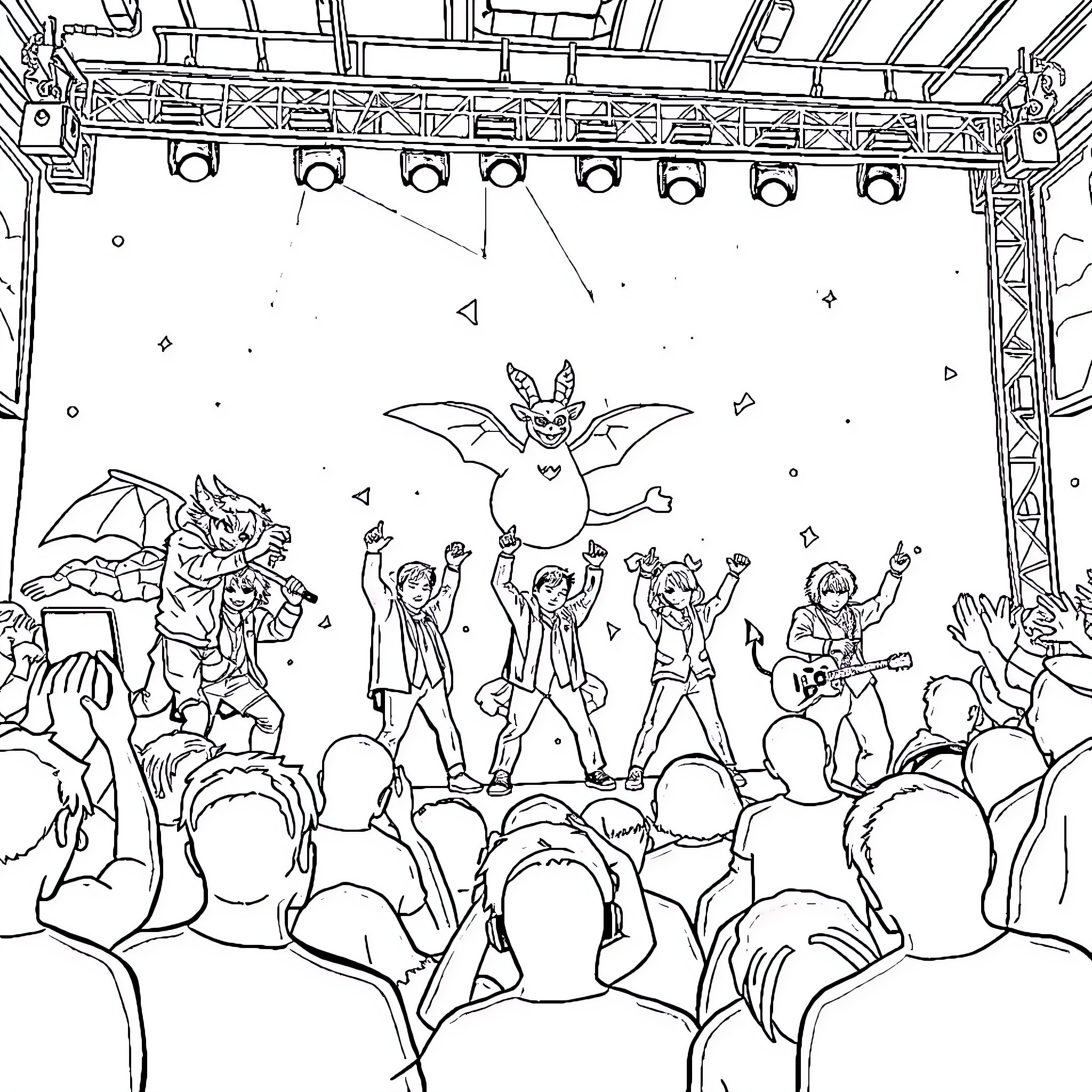 K Pop Concert with Energetic Performers and Enthusiastic Crowd Coloring Page (free black-and-white line drawing printable PDF for all, from beginners to advanced learners, including children, teens, adults, and seniors)