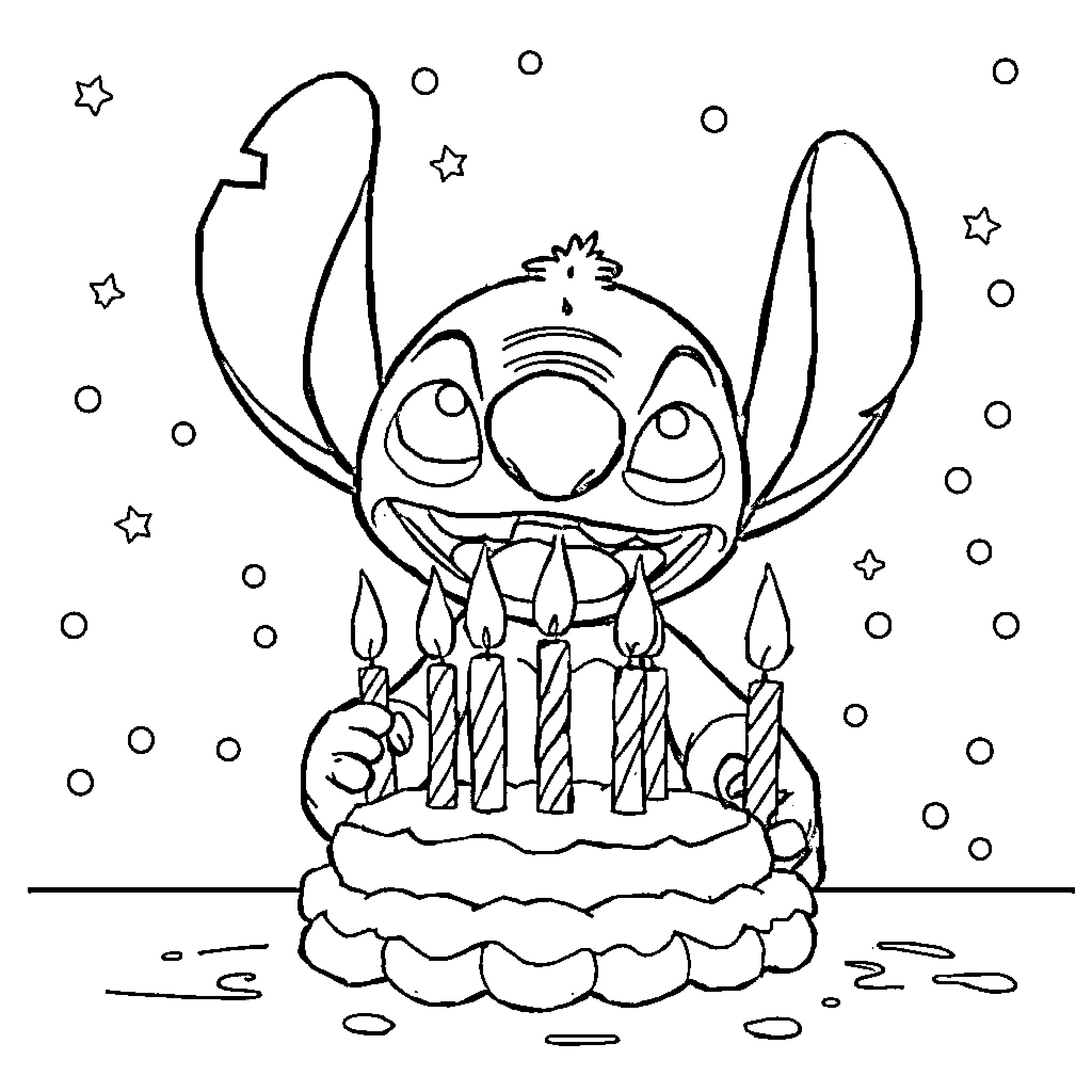 Stitch blowing out birthday candles happily Coloring Page (free black-and-white line drawing printable PDF for all, from beginners to advanced learners, including children, teens, adults, and seniors)