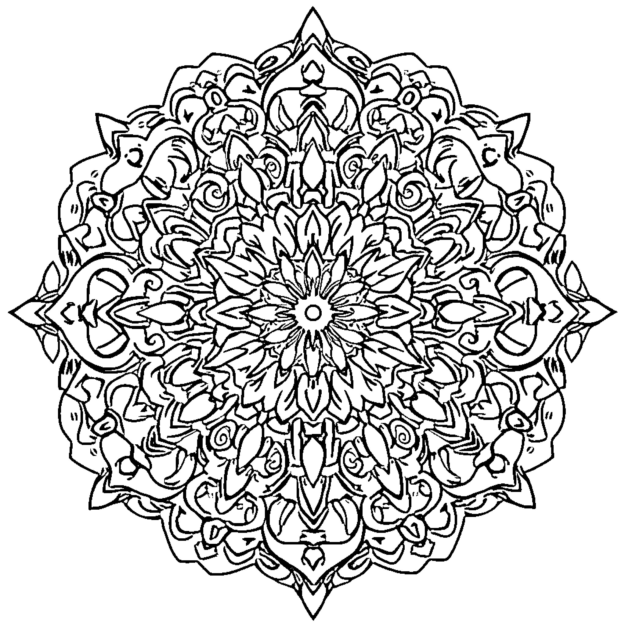 Mandala of intricate geometric patterns and shapes Coloring Page (free black-and-white line drawing printable PDF for all, from beginners to advanced learners, including children, teens, adults, and seniors)
