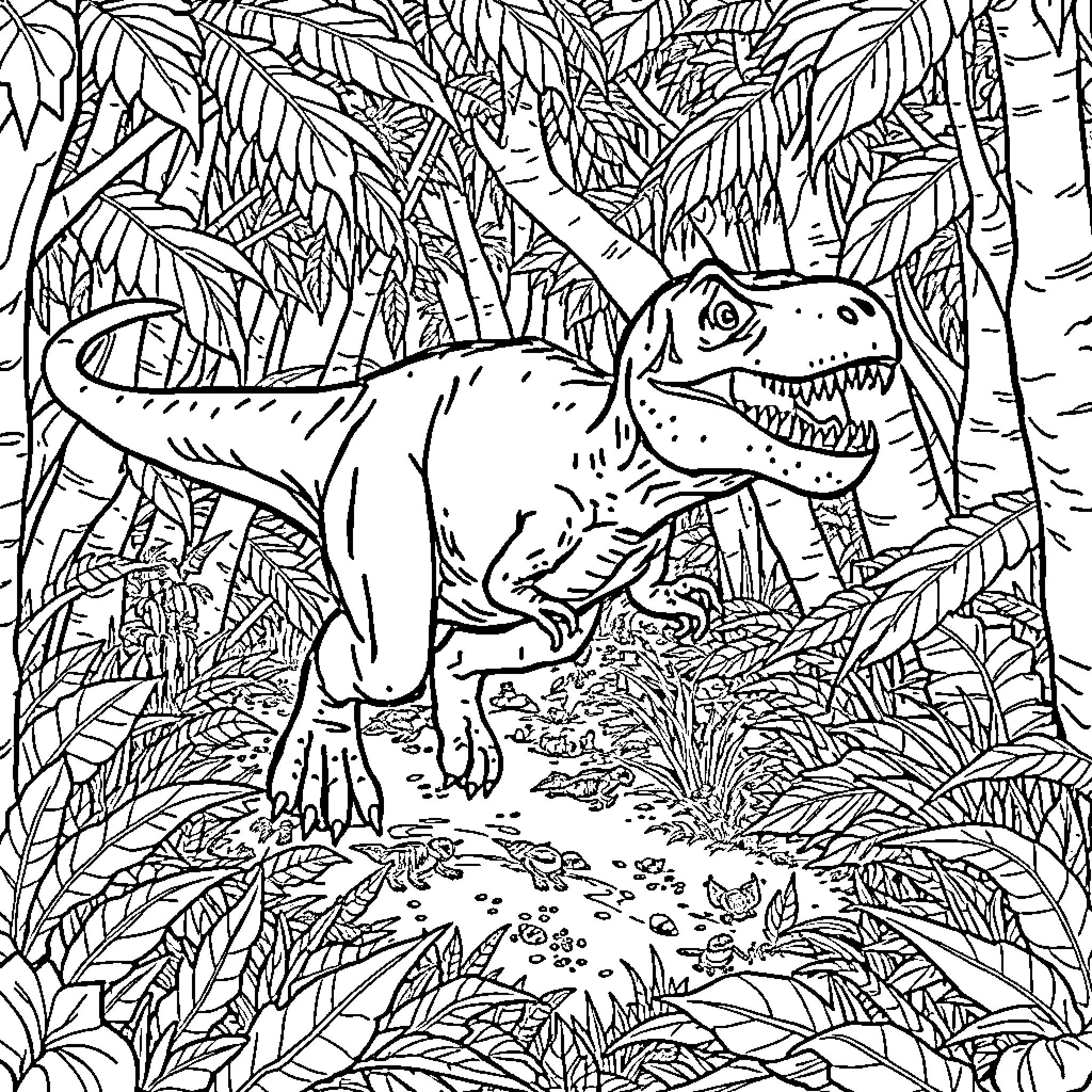 T-Rex Exploring the Lush Jungle Landscape Coloring Page (free black-and-white line drawing printable PDF for all, from beginners to advanced learners, including children, teens, adults, and seniors)