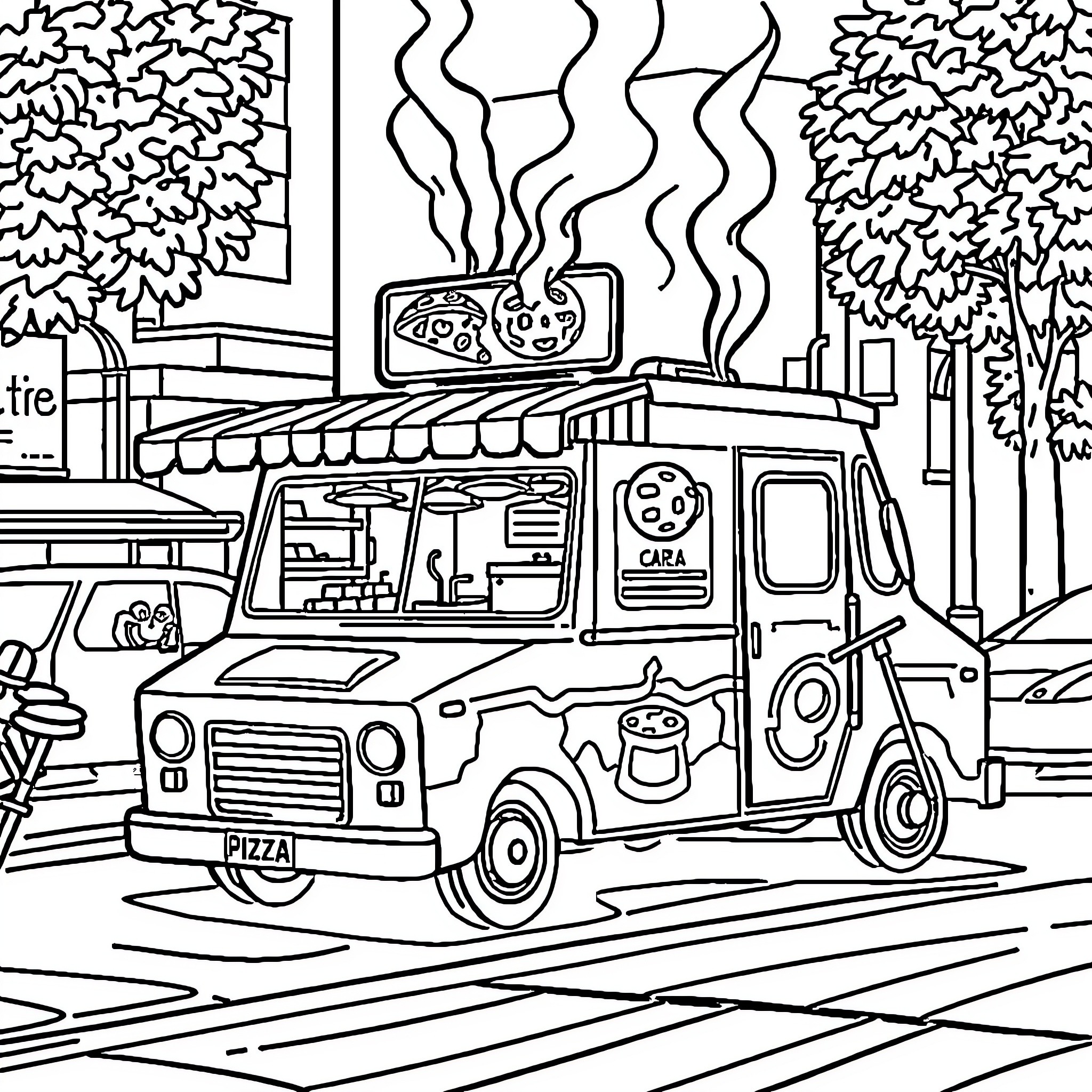 Pizza Truck Serving Delicious Slices on the Street Coloring Page (free black-and-white line drawing printable PDF for all, from beginners to advanced learners, including children, teens, adults, and seniors)