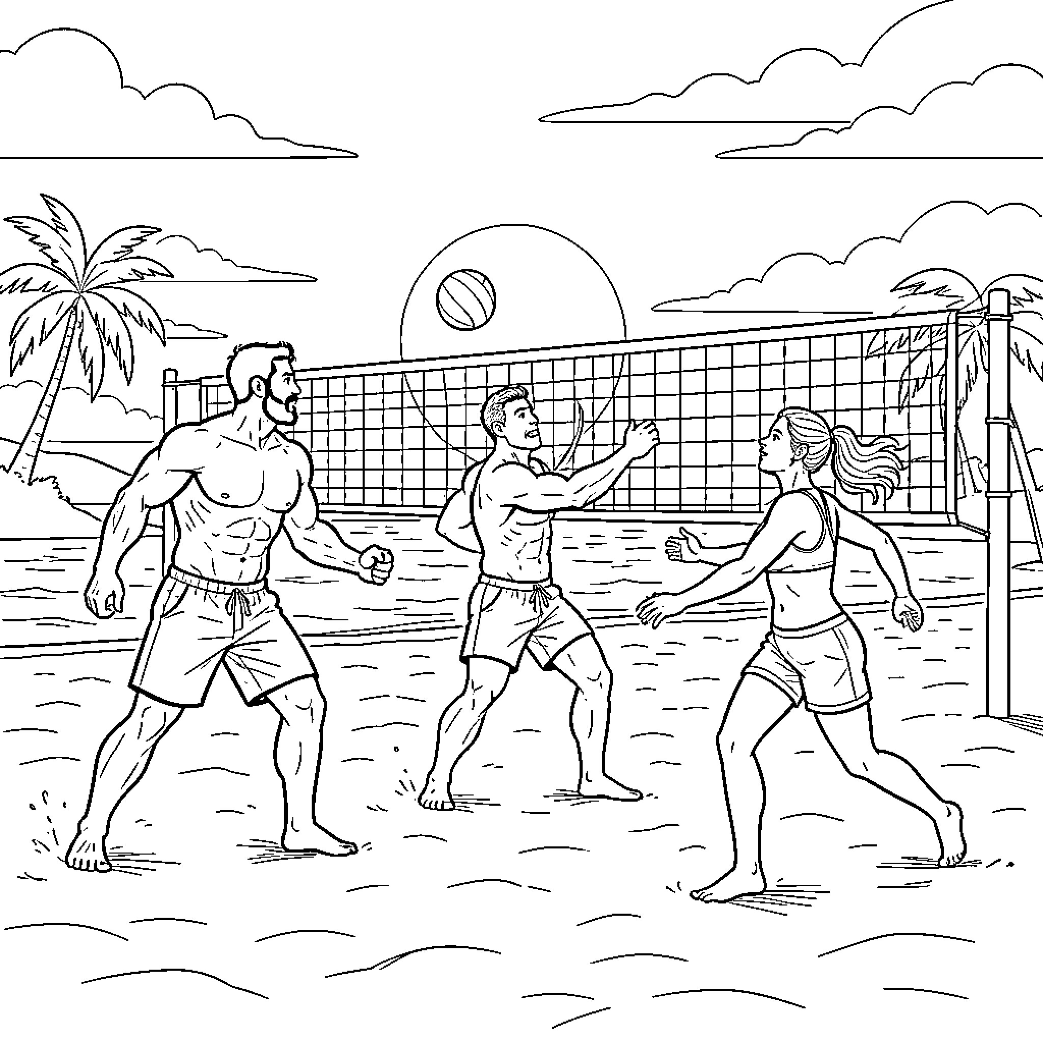 Beach Volleyball players competing intensely on the sand Coloring Page (free black-and-white line drawing printable PDF for all, from beginners to advanced learners, including children, teens, adults, and seniors)