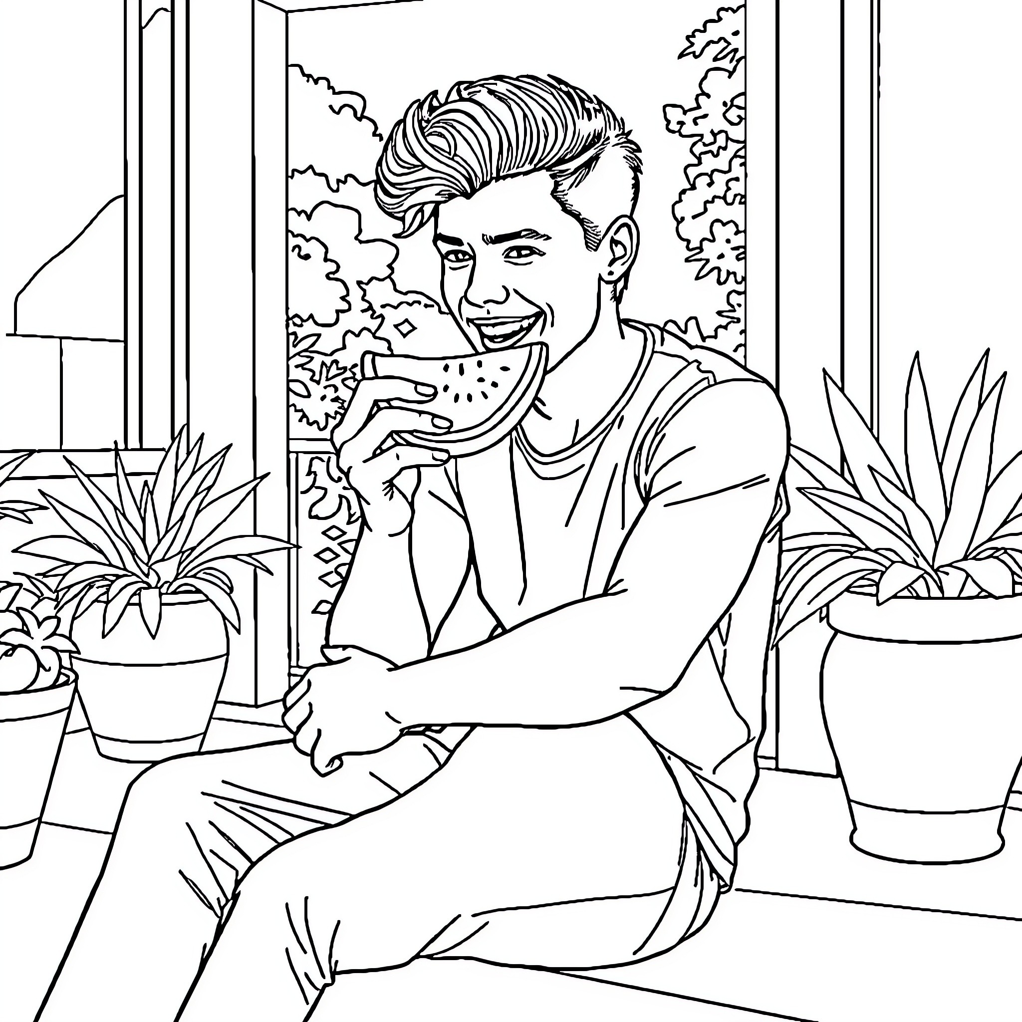 Harry Styles enjoying a refreshing watermelon in the garden Coloring Page (free black-and-white line drawing printable PDF for all, from beginners to advanced learners, including children, teens, adults, and seniors)