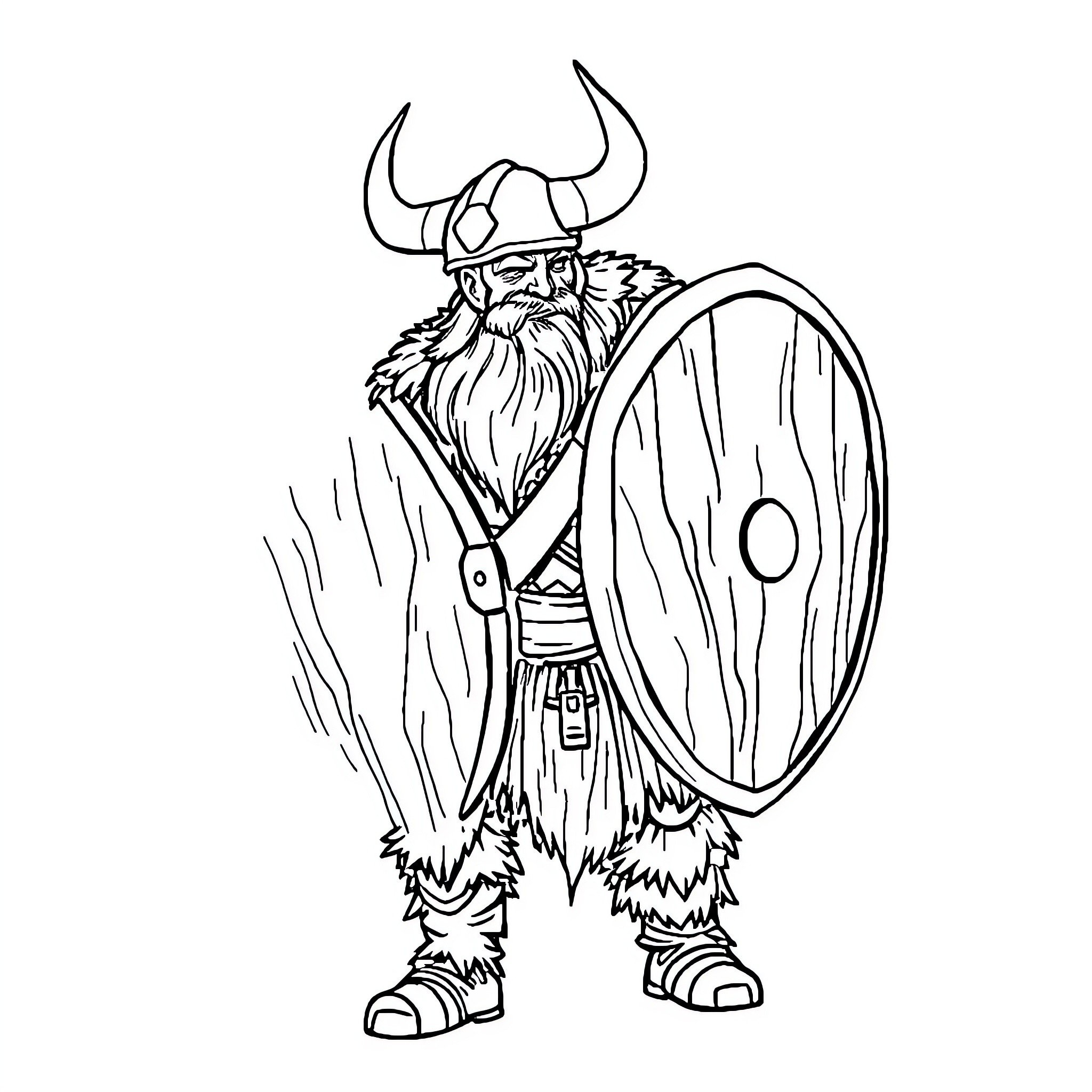 Viking warrior with shield and horned helmet Coloring Page (free black-and-white line drawing printable PDF for all, from beginners to advanced learners, including children, teens, adults, and seniors)