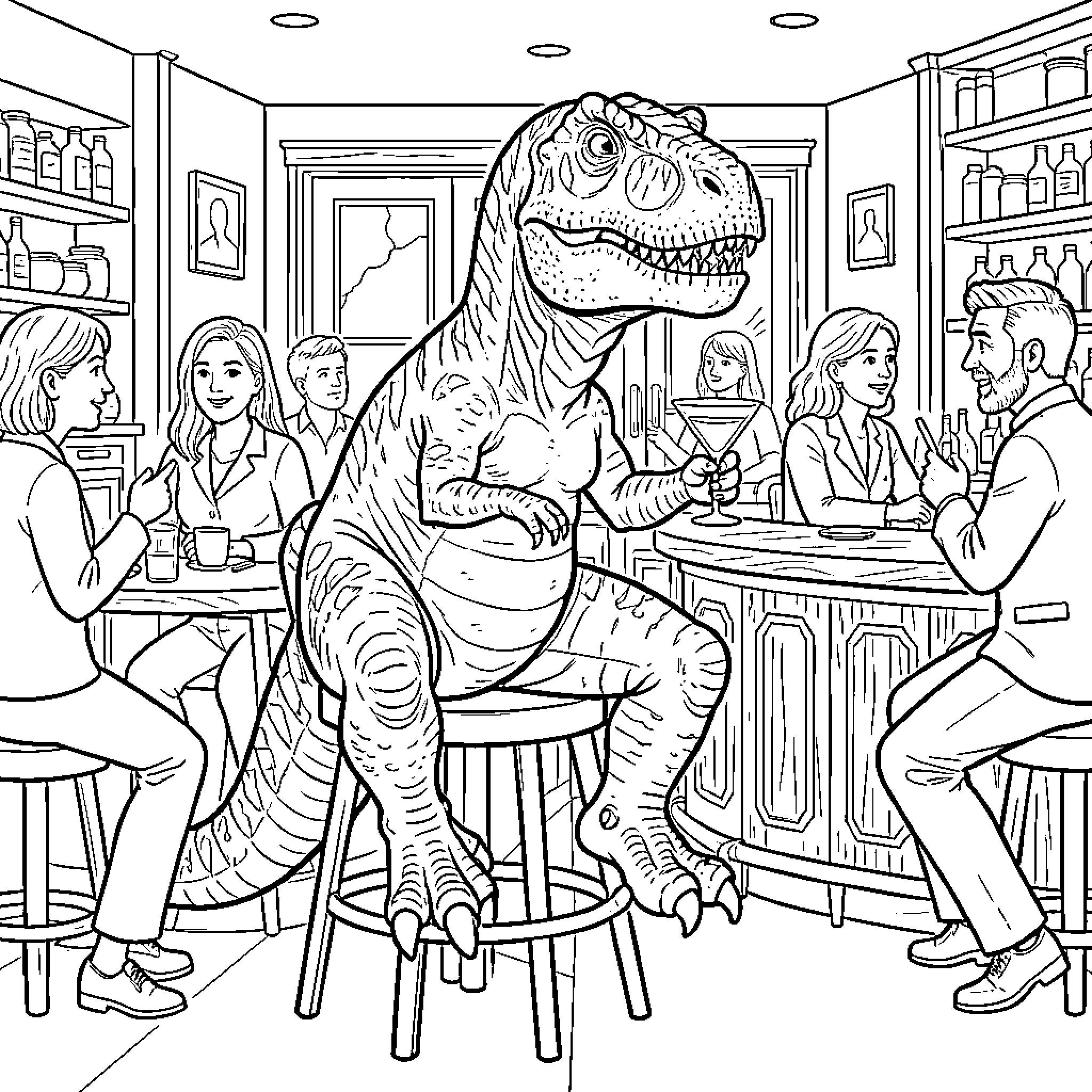 Dinosaur sitting on a stool at a bar Coloring Page (free black-and-white line drawing printable PDF for all, from beginners to advanced learners, including children, teens, adults, and seniors)