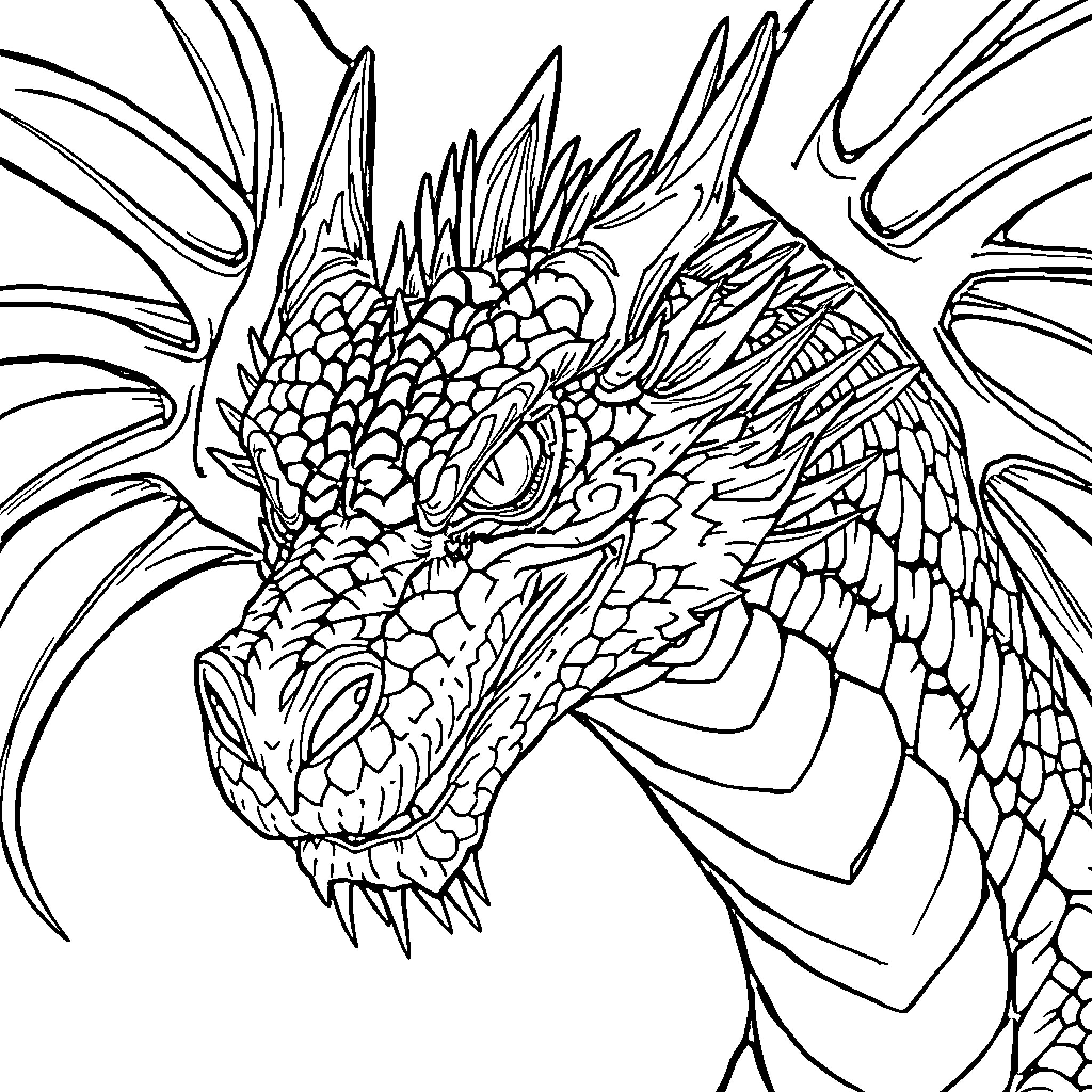Dragon's fierce and intricate expression Coloring Page (free black-and-white line drawing printable PDF for all, from beginners to advanced learners, including children, teens, adults, and seniors)