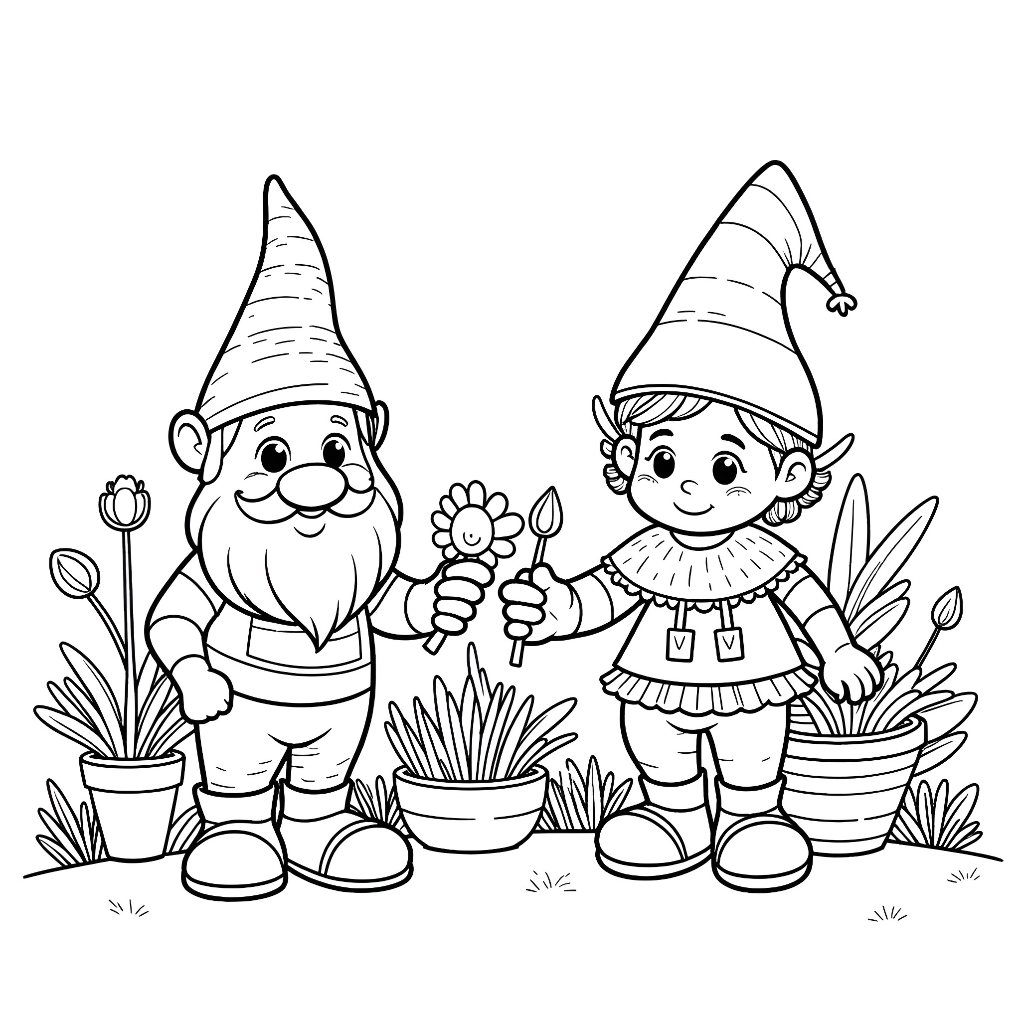 Garden Gnome Friends Enjoying the Outdoors Coloring Page (free black-and-white line drawing printable PDF for all, from beginners to advanced learners, including children, teens, adults, and seniors)